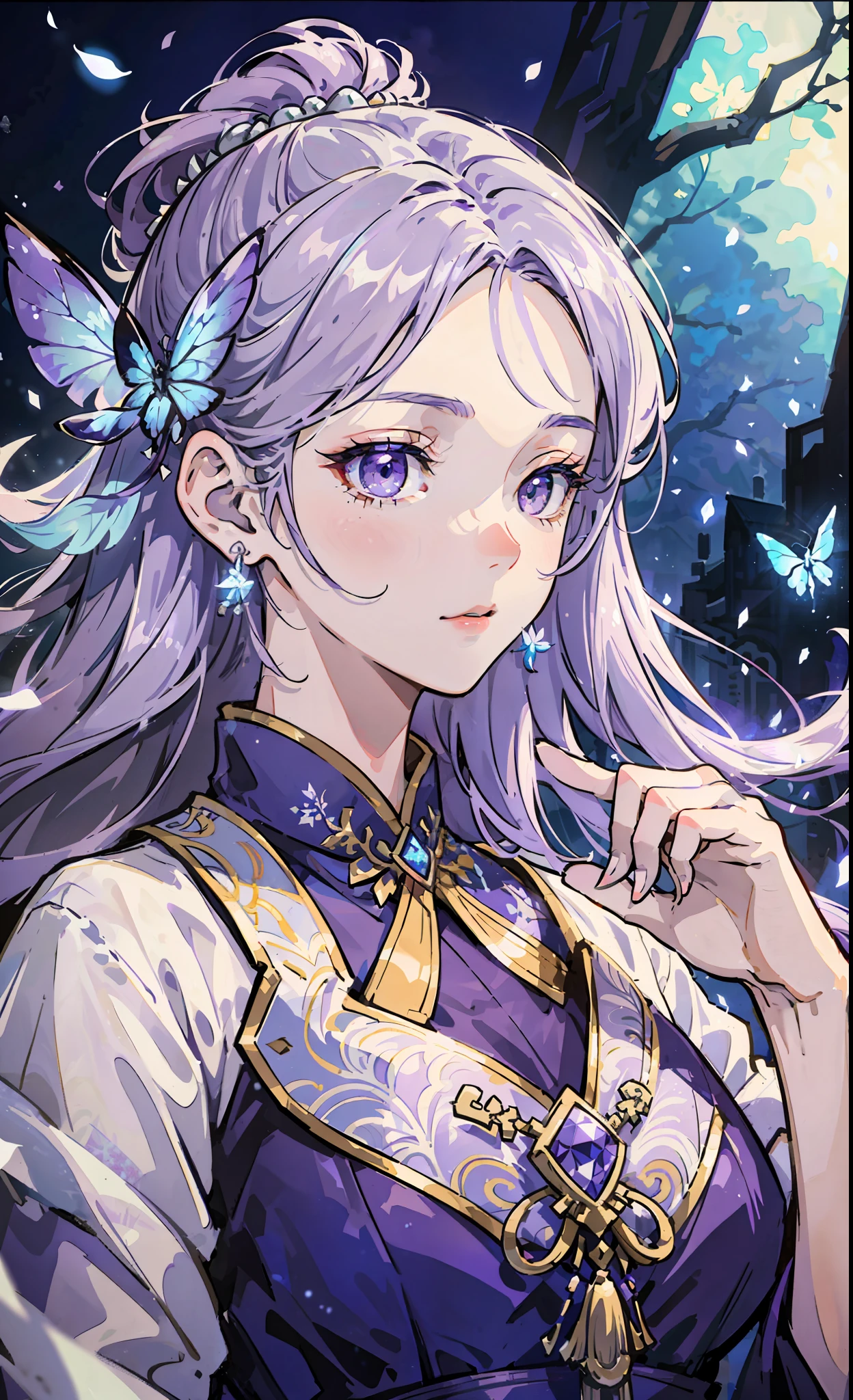 Official Art Illustration, Antique Beauty, Purple Eyes, Lilac Hair, Floating Hair, Delicate Eyes, White Chinese Style Costume, Gorgeous Accessories, Wearing Earrings, Sexy, FOV, F/1.8, Masterpiece, Outdoor Snow, Snowflakes, Blue Butterflies Flying, Side Light, Sunlight on People, 8K, Hazy, Close-up