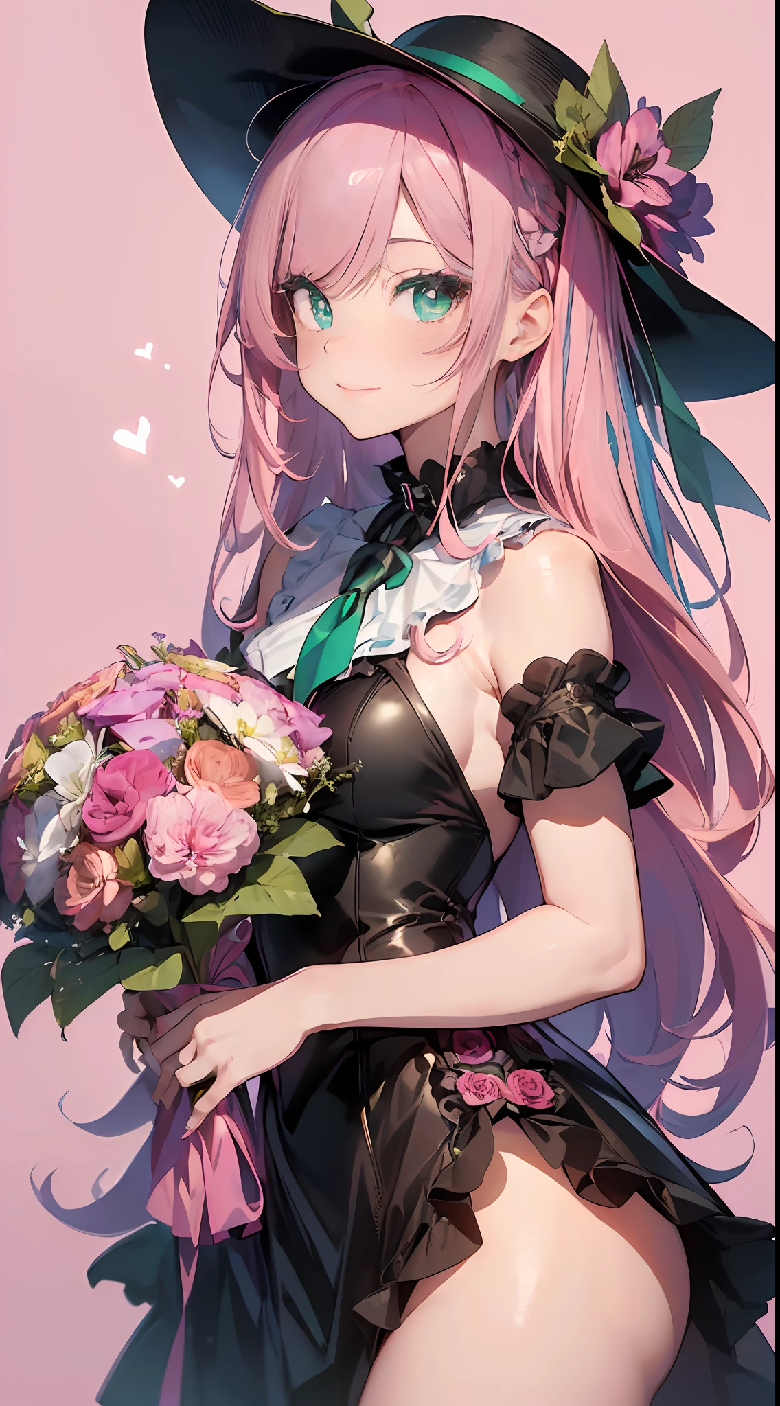 (((Masterpiece)), Cowshot ((Super Detail, Best Quality, Hi-Res, 8k Wallpaper)) (One Girl) (Pink Hair, Long Hair, Straight Hair, Both Sides Up)) (green eyes), eyeshadow, eyeliner, glow eyes, hyper detail eyes, complex eyes, beautiful eyes, (glowing pink pupils)) 18 year old girl .smile.wearing partydress. ((pass the bouquet))(heartbackground)