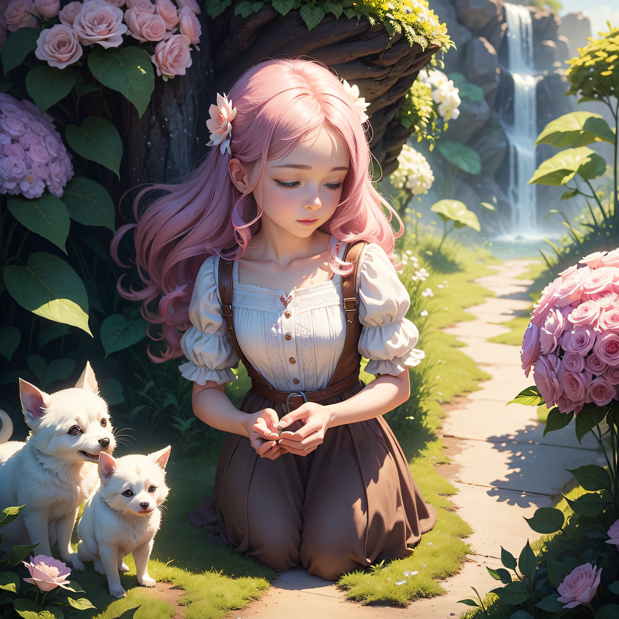 ((masterpiece)), (best quality), (detailed), Amidst her journey, Amy unexpectedly encountered a small, benevolent sprite who revealed the extraordinary power of flowers. The sprite explained that only those who possess purity and kindness in their hearts can harness their magical assistance. Filled with hope, Amy made a sincere wish, and to her astonishment, when she opened her eyes, she discovered her wish had come true—a delightful little puppy appeared before her, ready to become her faithful companion. Digital artwork, whimsical atmosphere, vibrant colors, heartwarming narrative, enchanting fantasy. --auto --s2