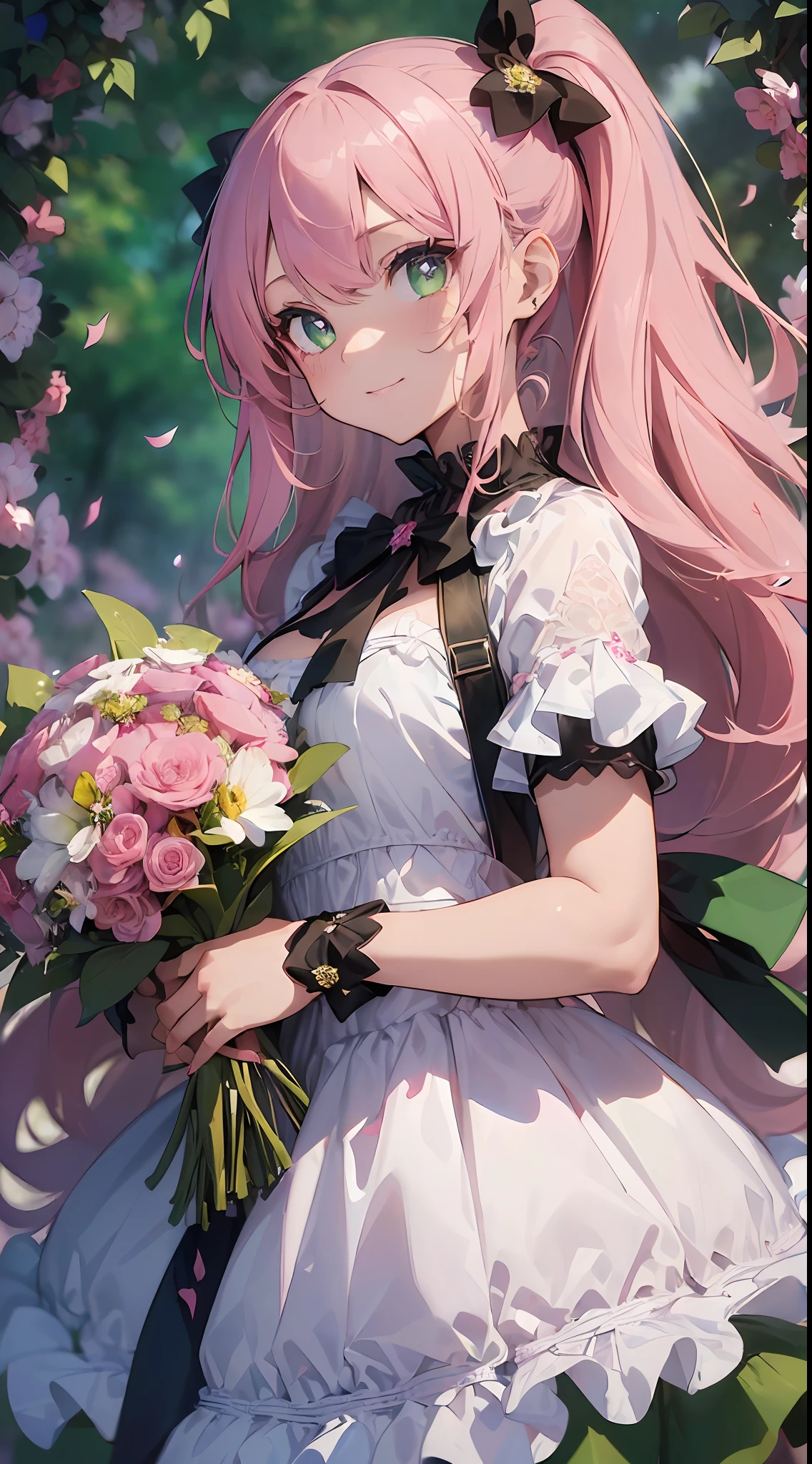(((Masterpiece)), Cowshot ((Super Detail, Best Quality, Hi-Res, 8k Wallpaper)) (One Girl) (Pink Hair, Long Hair, Straight Hair, Both Sides Up)) (green eyes), eyeshadow, eyeliner, glow eyes, hyper detail eyes, complex eyes, beautiful eyes, (glowing pink pupils)) 18 year old girl .smile.wearing partydress. ((pass the bouquet))(heartbackground)
