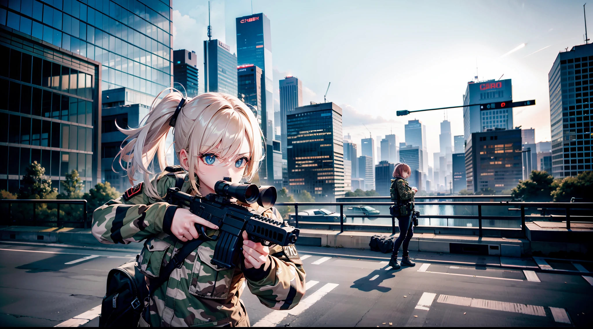 urban camouflage, urban battle, shooting, girl, CQC, high quality, destroyed city