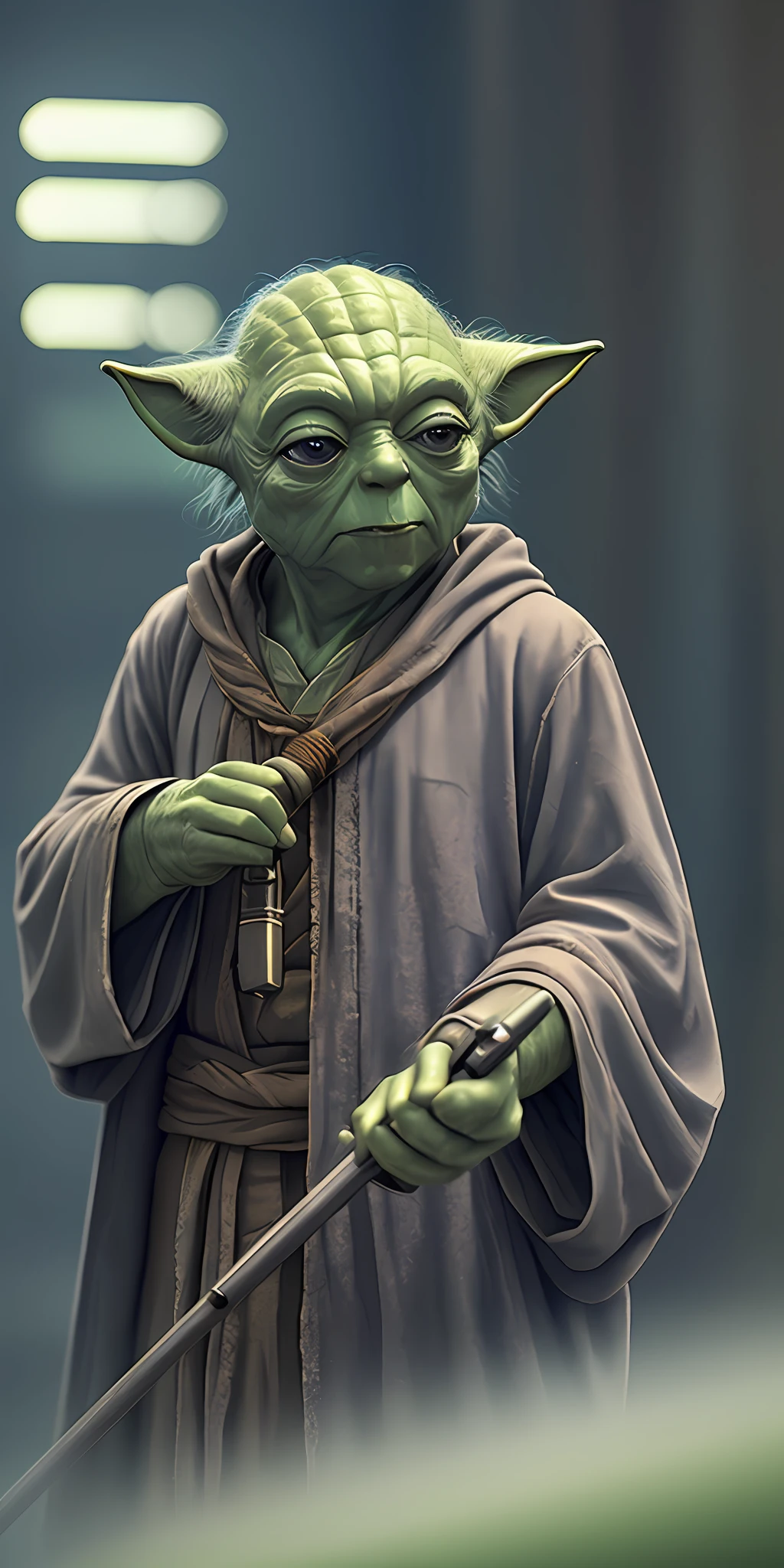 4k, a low Master Yoda with a cane, eye contact, focus, background indoors, precisionism,, ((((cinematic look)))), soothing tones, insane details, intricate details, hyperdetailed, low contrast, soft cinematic light, dim colors, exposure blend, hdr, faded, slate gray atmosphere