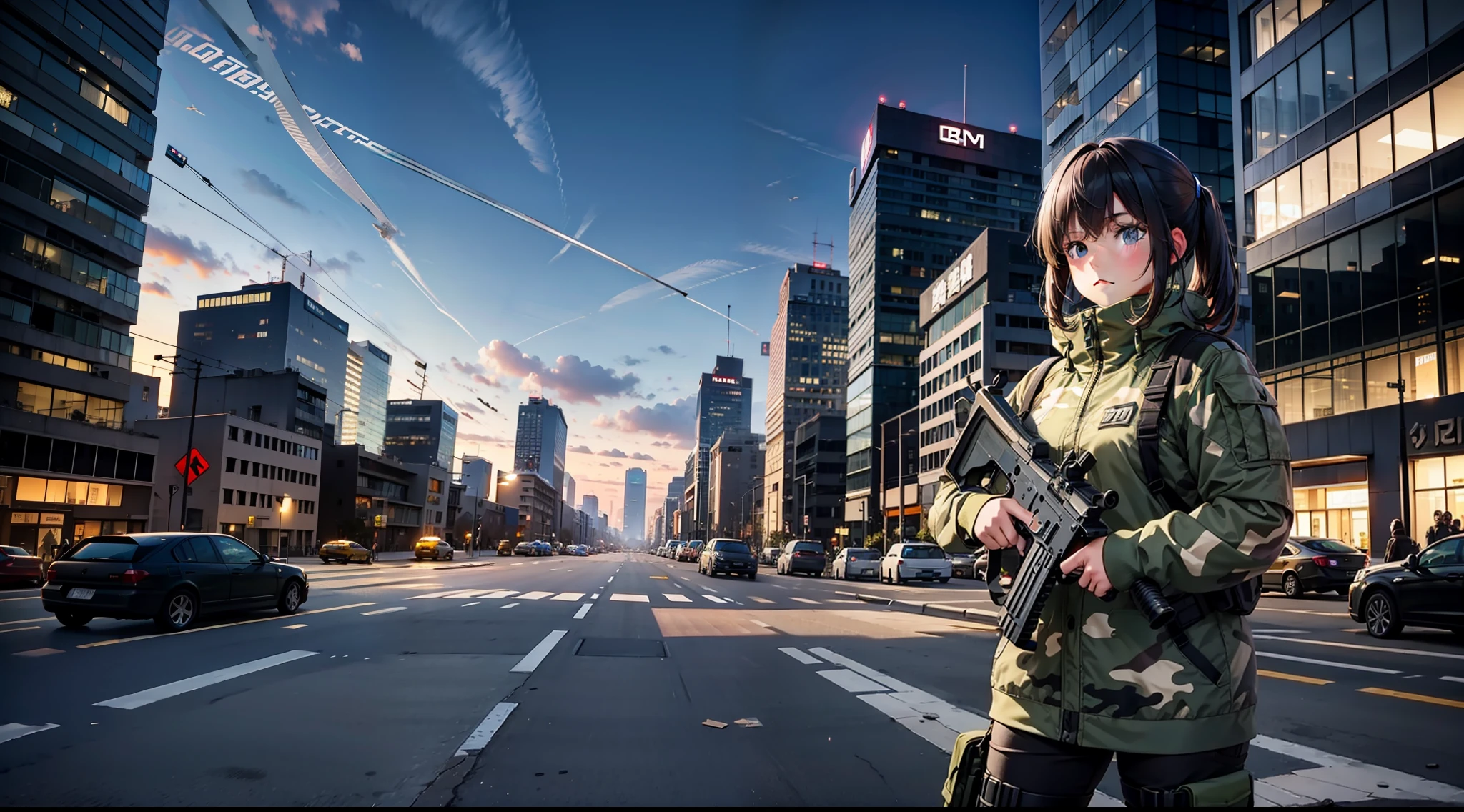 urban camouflage, urban battle, shooting, girl, CQC, high quality, destroyed city