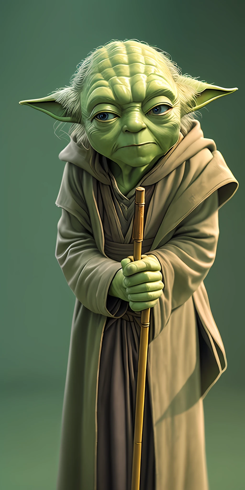 4k, a low Master Yoda with a cane, eye contact, focus, background indoors, precisionism,, ((((cinematic look)))), soothing tones, insane details, intricate details, hyperdetailed, low contrast, soft cinematic light, dim colors, exposure blend, hdr, faded, slate gray atmosphere