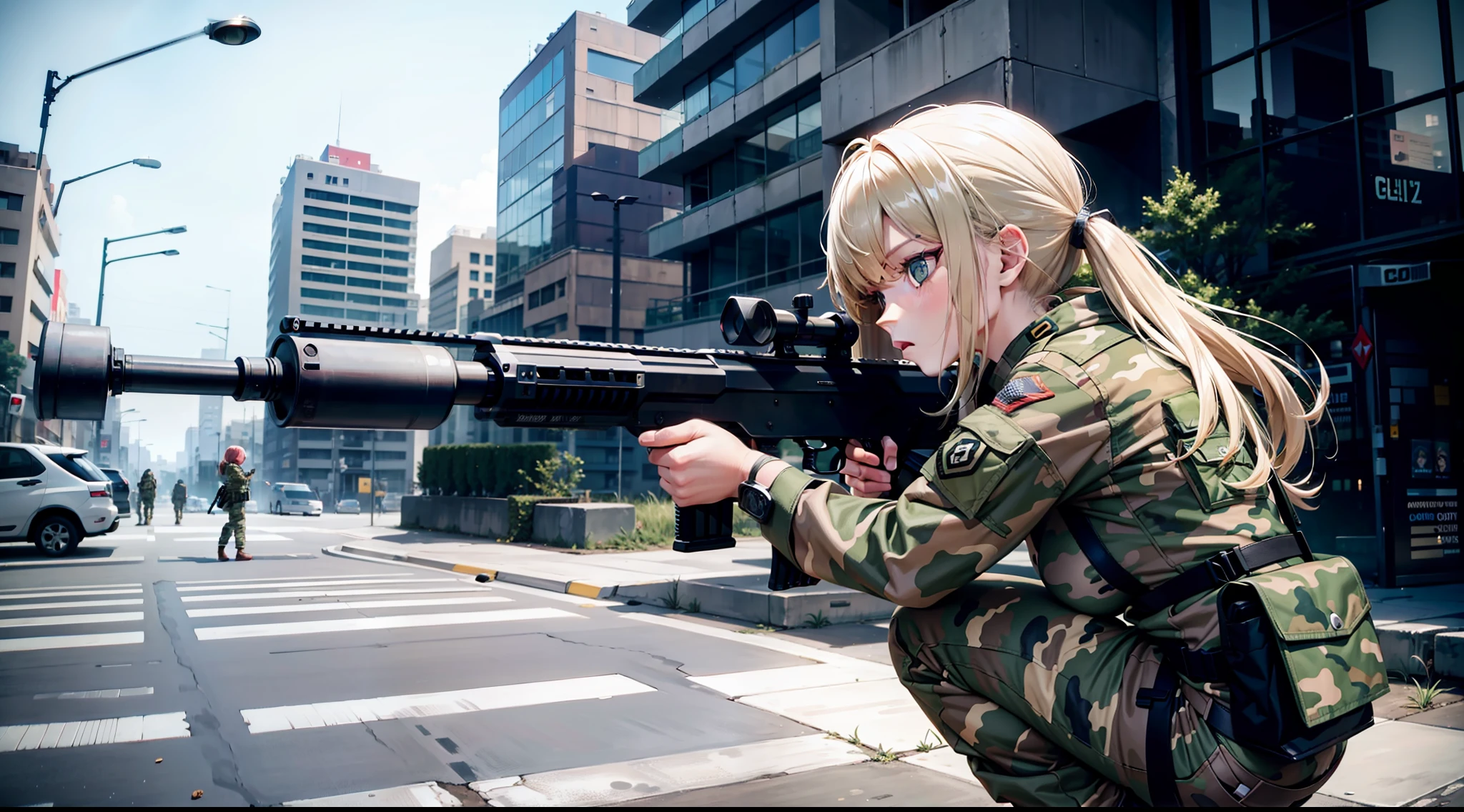 camouflage, battle, shooting, girl, CQC, high quality, destroyed city