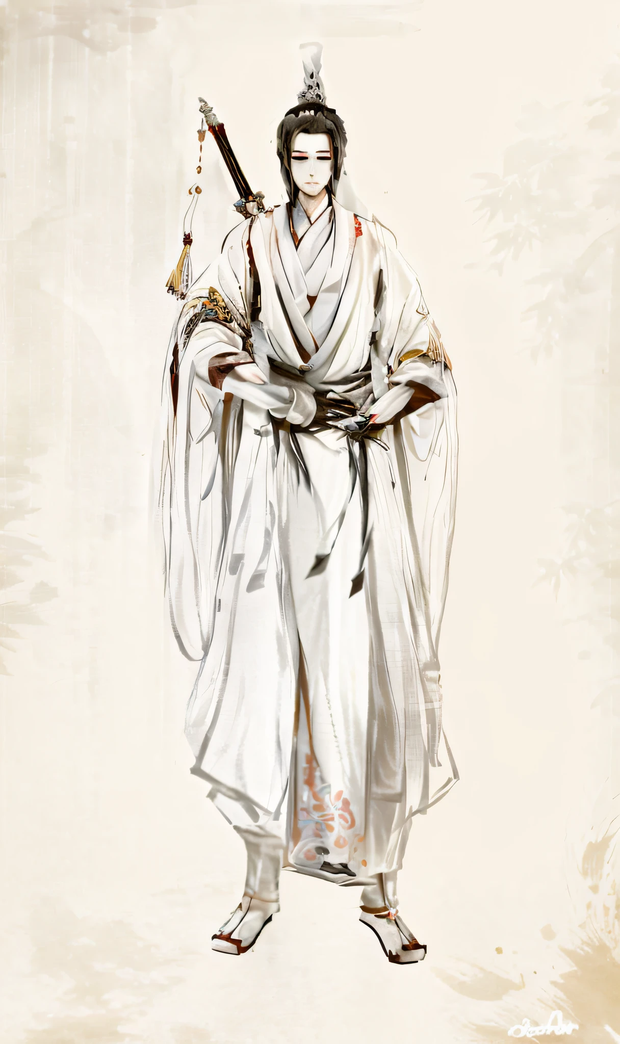 arafed drawing of a man in a white robe holding a sword, flowing white robes, full body wuxia, wearing flowing robes, inspired by Fan Kuan, inspired by Kanō Sanraku, inspired by Wu Daozi, inspired by Tōshūsai Sharaku, white daoist robes, long flowing white robe