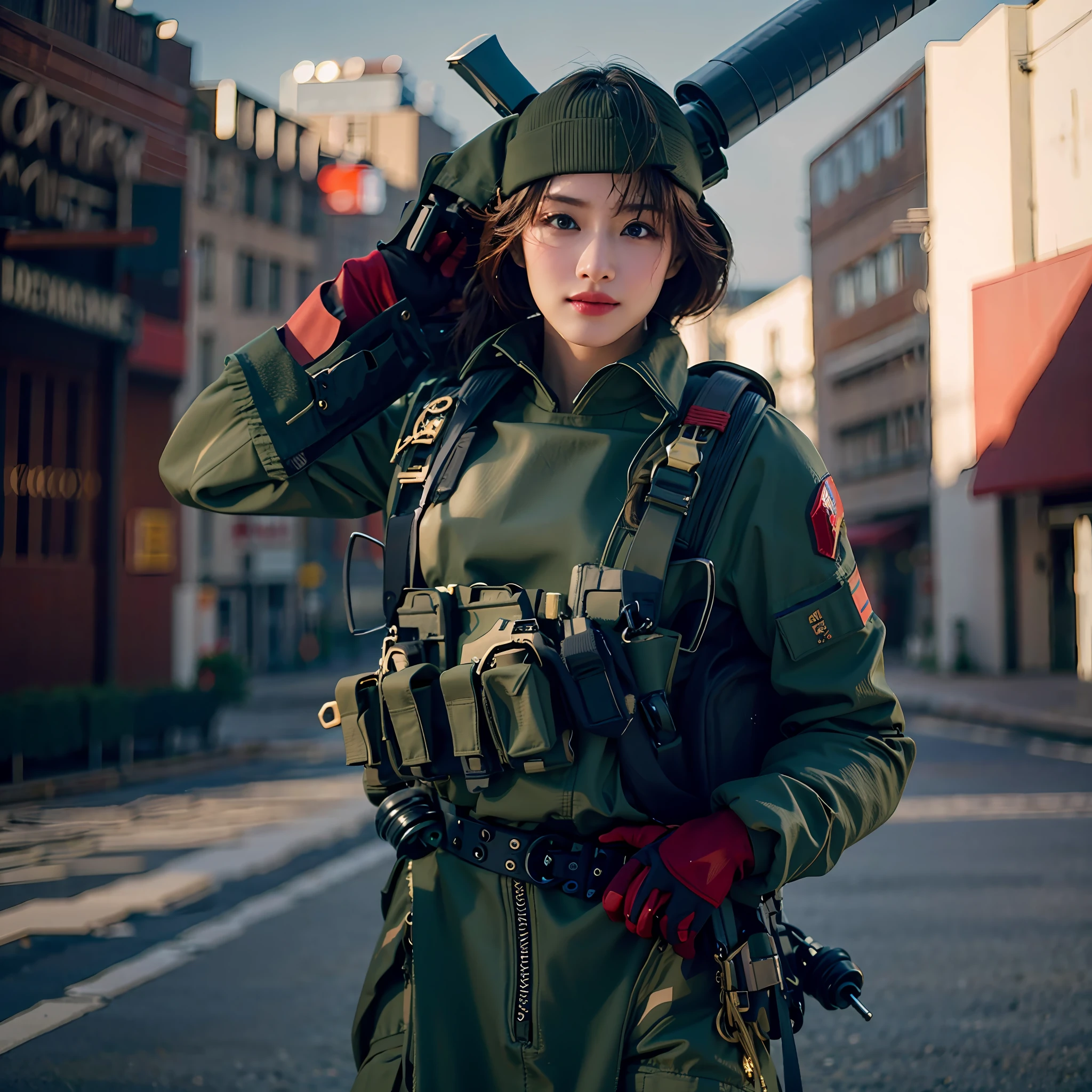 Woman posing in war combat uniform, top quality, high resolution, 8k, girl single, (huge breasts), daytime, bright, outdoor, (street: 0.8), (people, crowd: 1), (medium hair), beautiful detailed sky, beautiful earrings, (dynamic pose: 0.8), (upper body: 1.2), soft green lighting, wind, glossy skin, gaze,