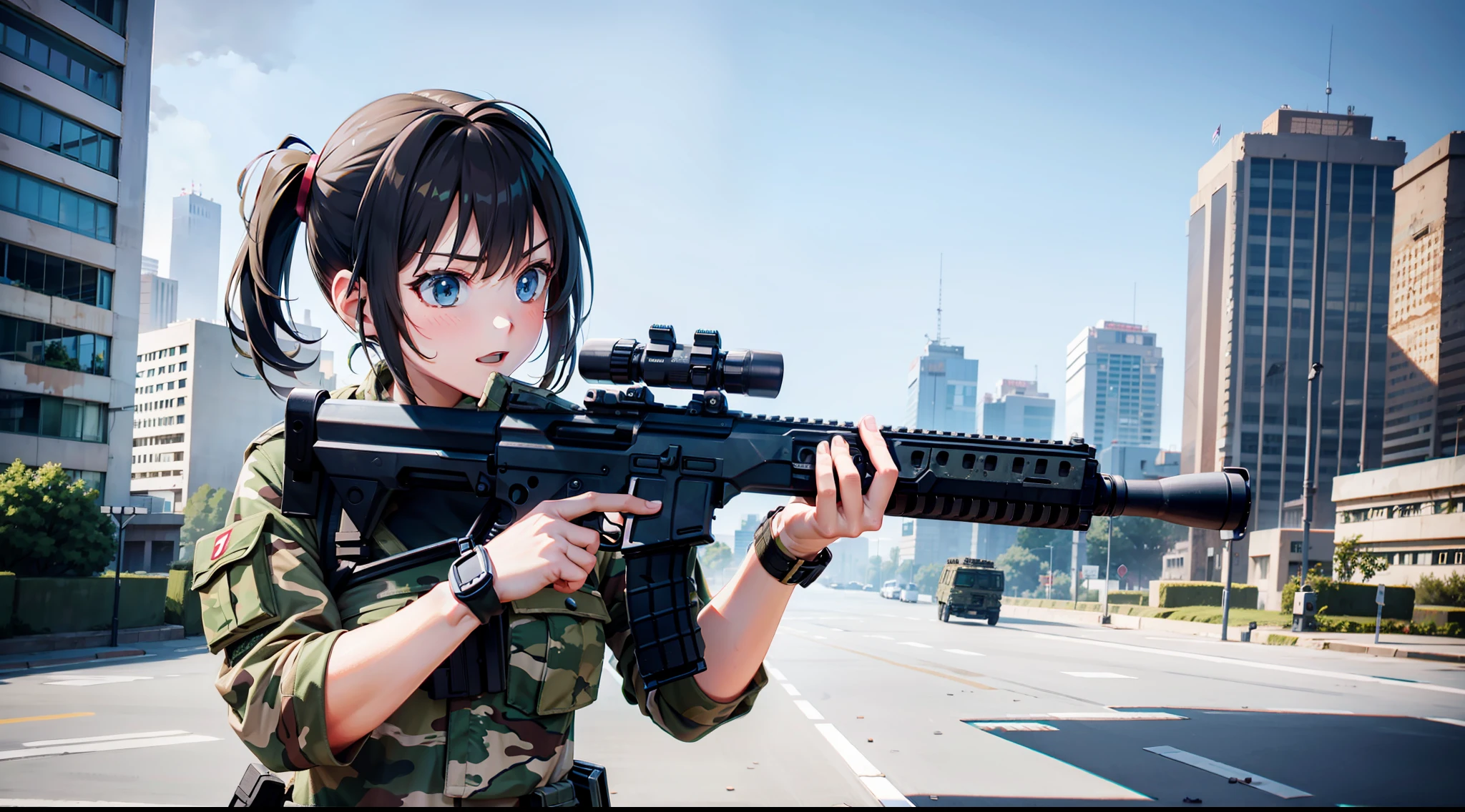 camouflage, battle girl, shooting girl, CQC, CQB, high quality, destroyed city