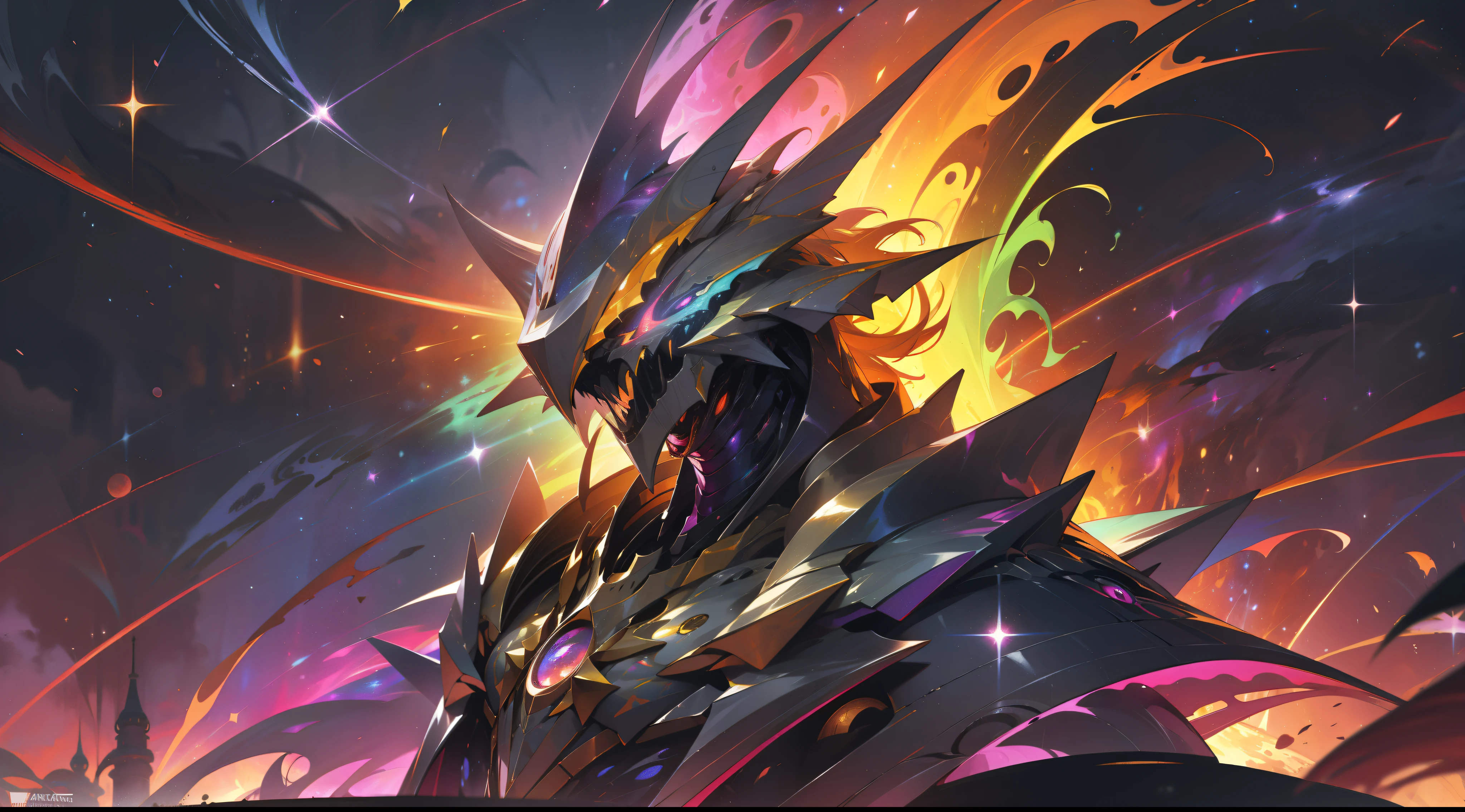 a rainbow colored monstrous creature, rainbow colored cosmic nebula background, stars, galaxies, cosmic horror