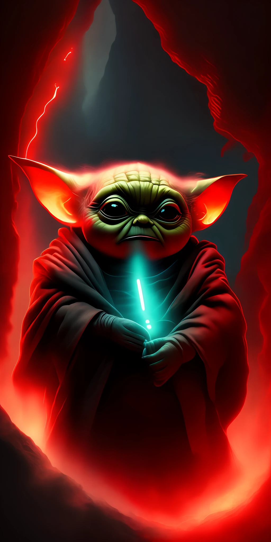 portrait of baby yoda, sith lord, red light laser, atmospheric fog, volcanic cave, angry face, dynamic pose