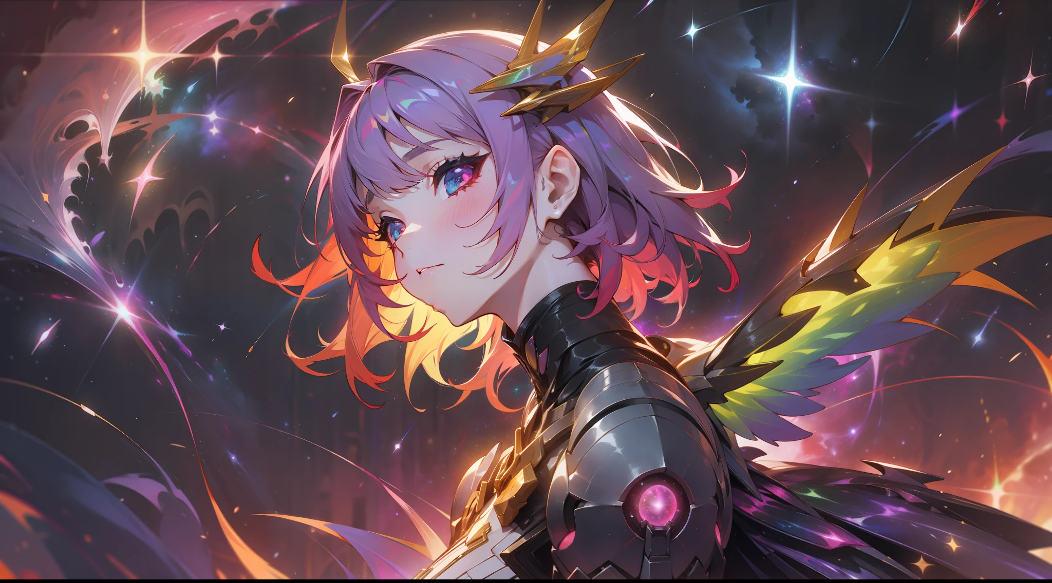 a rainbow colored sensual woman, short dress, fluttering hair, rainbow colored cosmic nebula background, stars, galaxies, cosmic horror