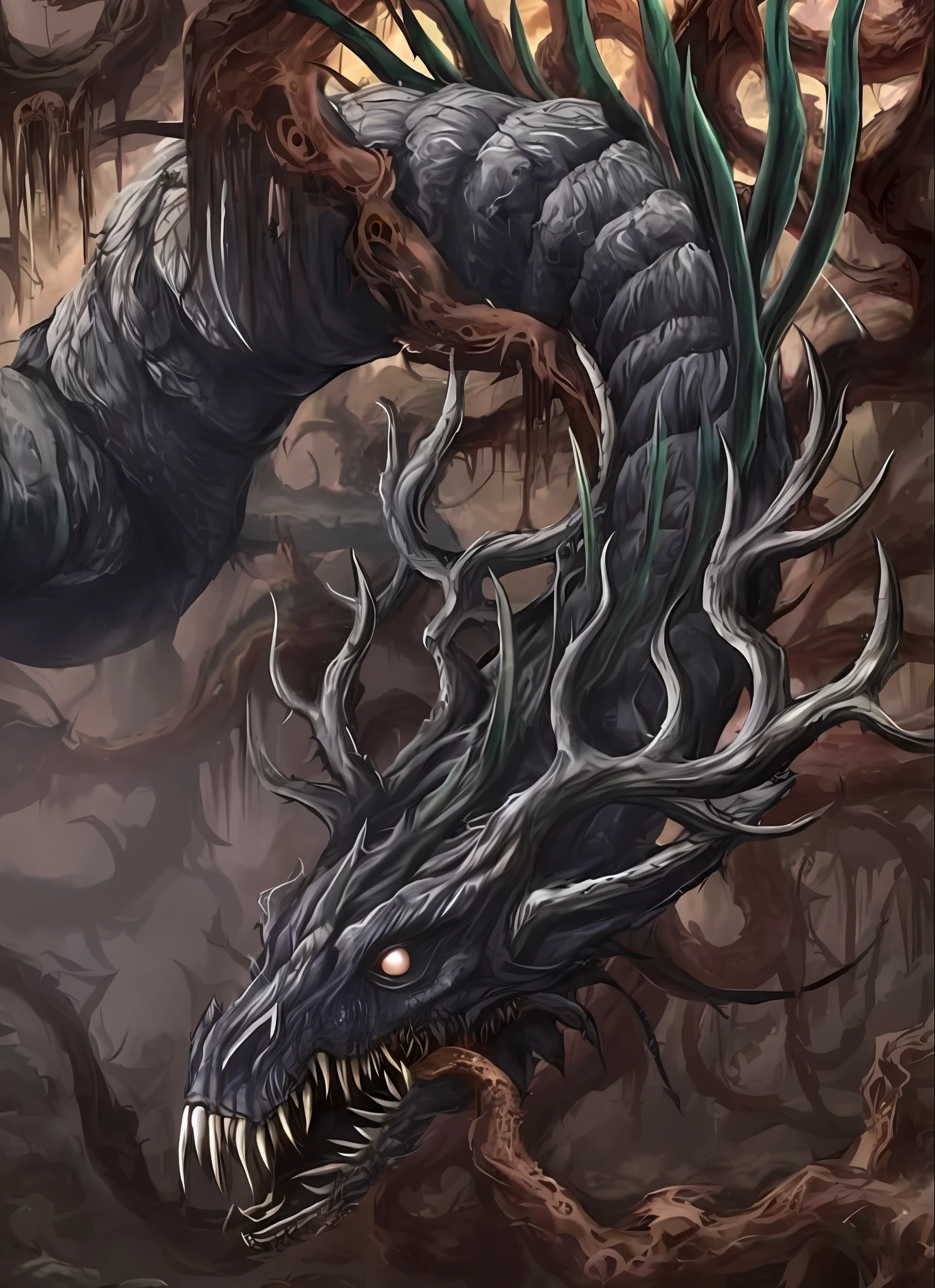 there is a large dragon with a long neck and a long tail, dragon vore art, ominous creature hiding detailed, detailed maw, tentacle beast, jormungandr, detailed creature, lovecraftian creature, amazingly detailed d & d art, colossal dragon as background, gaping maw, thorn background. d&d, on an epic intricate oroboros