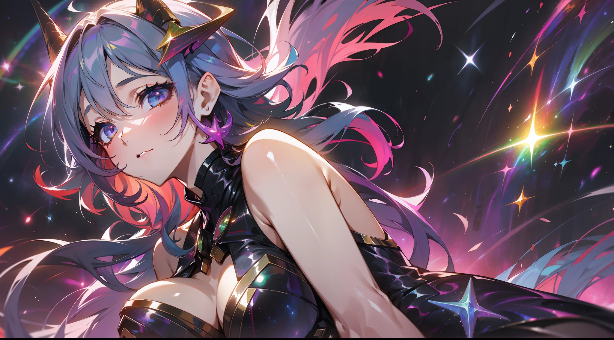 a rainbow colored sensual woman, short dress, fluttering hair, rainbow colored cosmic nebula background, stars, galaxies, cosmic horror