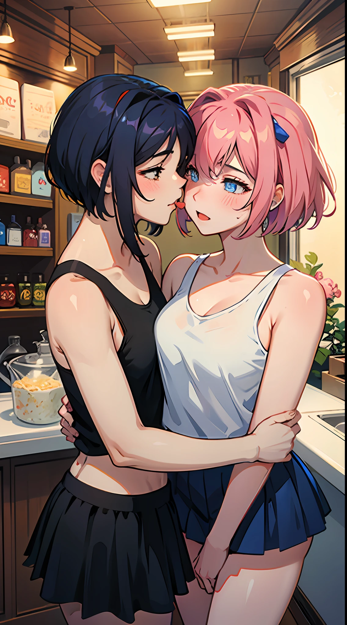 2 women having fun in the ice cream shop, lewd:1,2, hentai:1,2, NSFW:1,2, lesbian yuri:1,2, kissing, blushing, wearing tank tops and skirts