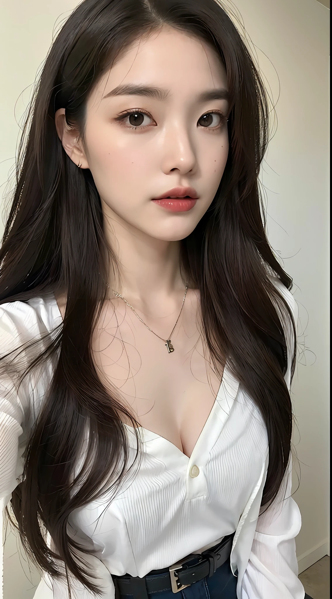 (top quality, high resolution, masterpiece: 1.3), tall and pretty woman, slender abs, dark brown hair styled with loose waves, chest, wearing pendant, white button-up shirt, belt, black skirt, (modern architecture in background), exquisitely rendered details on face and skin texture, detailed eyes, double eyelids, no bra, shirt fitted to bare skin, from above