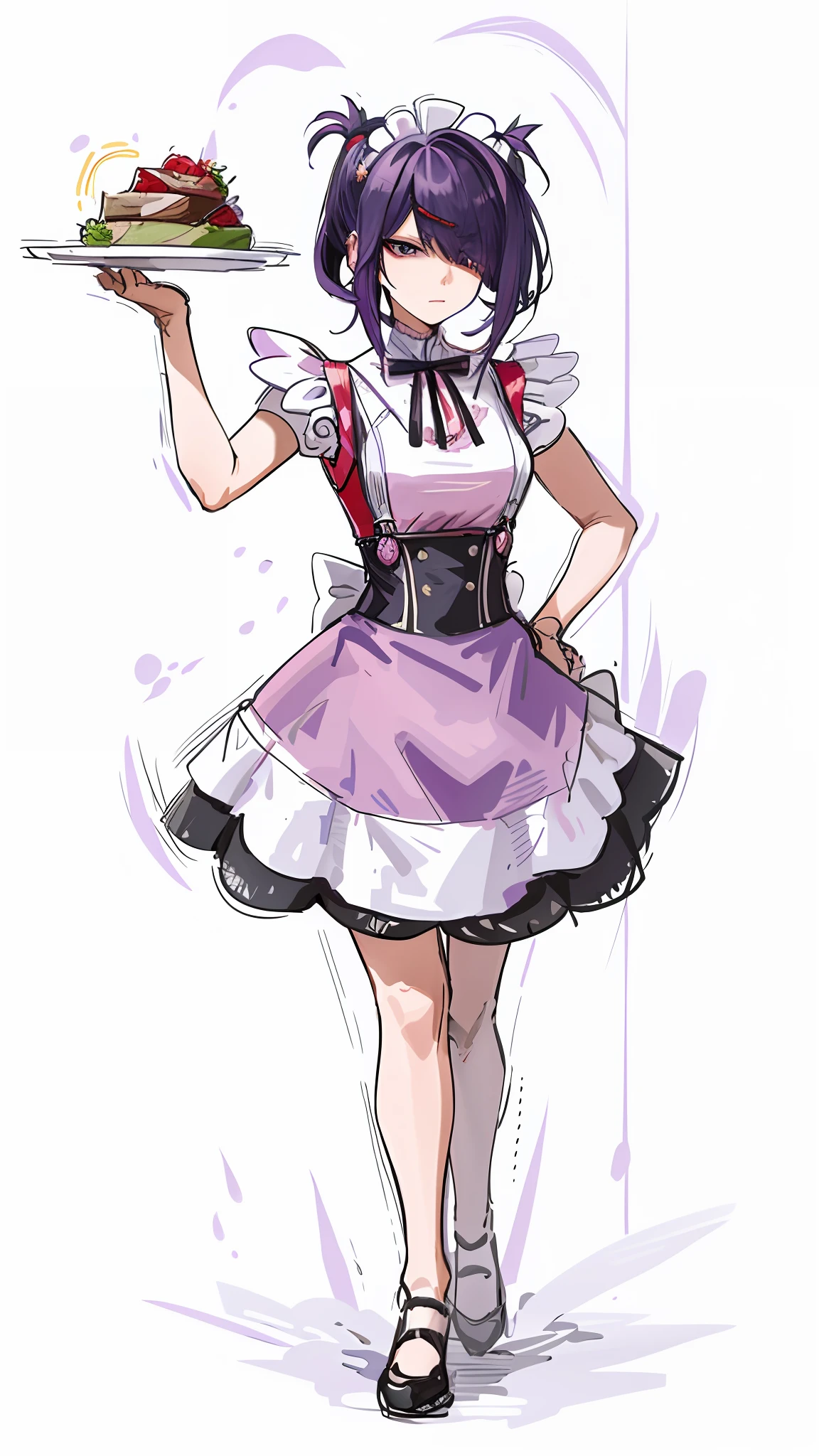 A painting of a woman in a purple dress holding a dinner plate with a fierce expression crazy joy anime girl in maid costume, short and black purple hair girl, maid costume, anime girl in maid costume, full body portrait!!! Wearing a maid uniform, entp