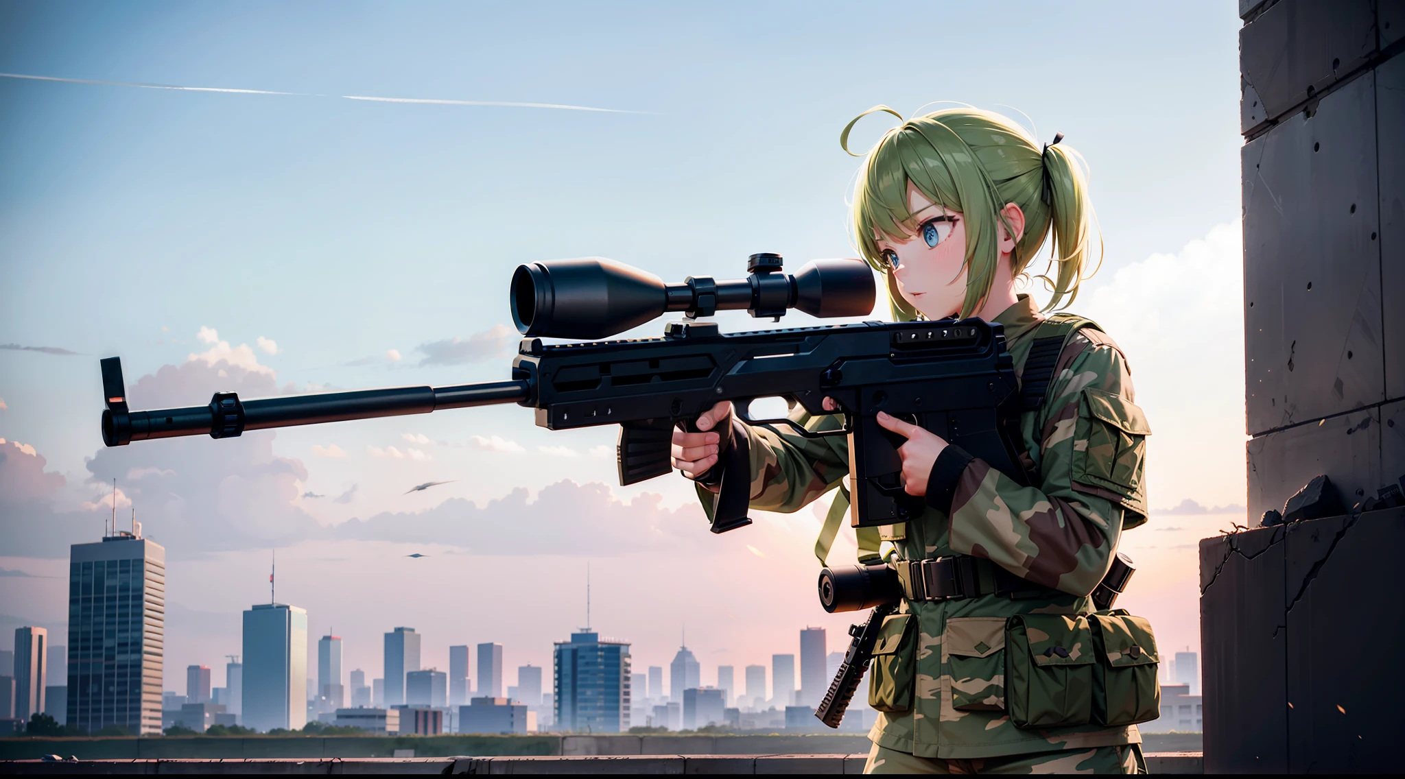 camouflage, battle girl, shooting girl, CQC, CQB, high quality, destroyed city