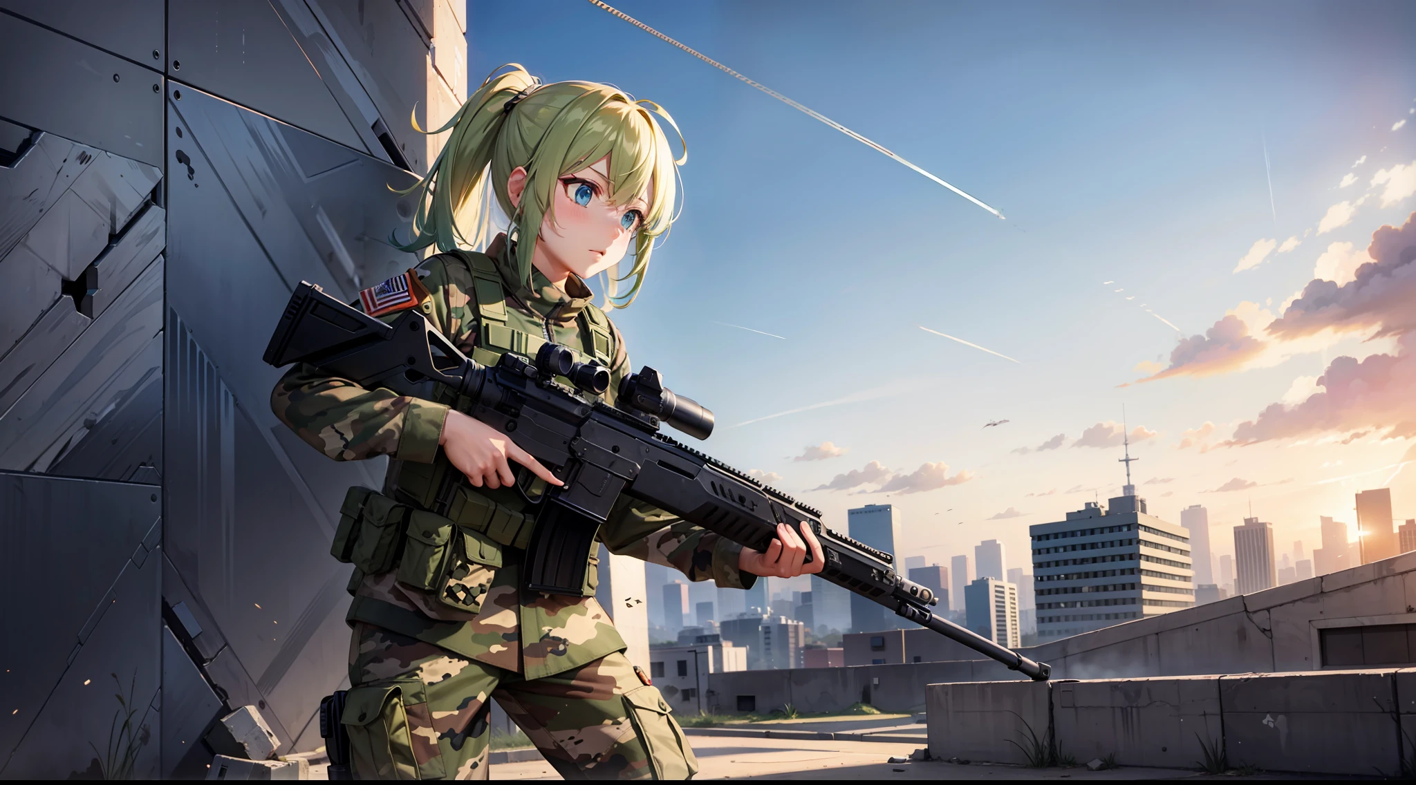 camouflage, battle girl, shooting girl, CQC, CQB, high quality, destroyed city