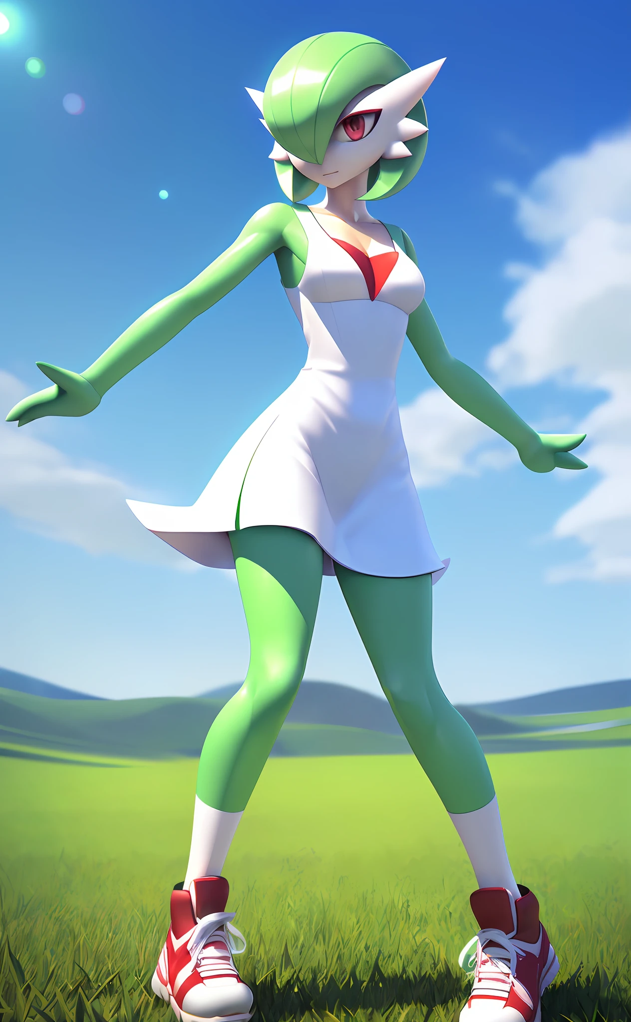 [pokemon; gardevoir], [Uploaded to e621.net; (Pixelsketcher), (mayosplash)], ((masterpiece)), ((solo portrait)), ((full body)), ((furry; humanoid)), ((raytracing)), ((detailed shading)), ((beautiful 3D art)), {(anthro pokemon; gardevoir, white skin, mint green hair, beautiful maroon eyes, red spike through chest), (calm expression), small boobs, beautiful legs, (human-like hands; 4 fingers), (clothing; white casual dress; flowing in wind, red and white sneakers)}, ((standing in field, dynamic and attractive pose), [background; (grass plains; sunny, detailed grass, cloudless blue sky)]