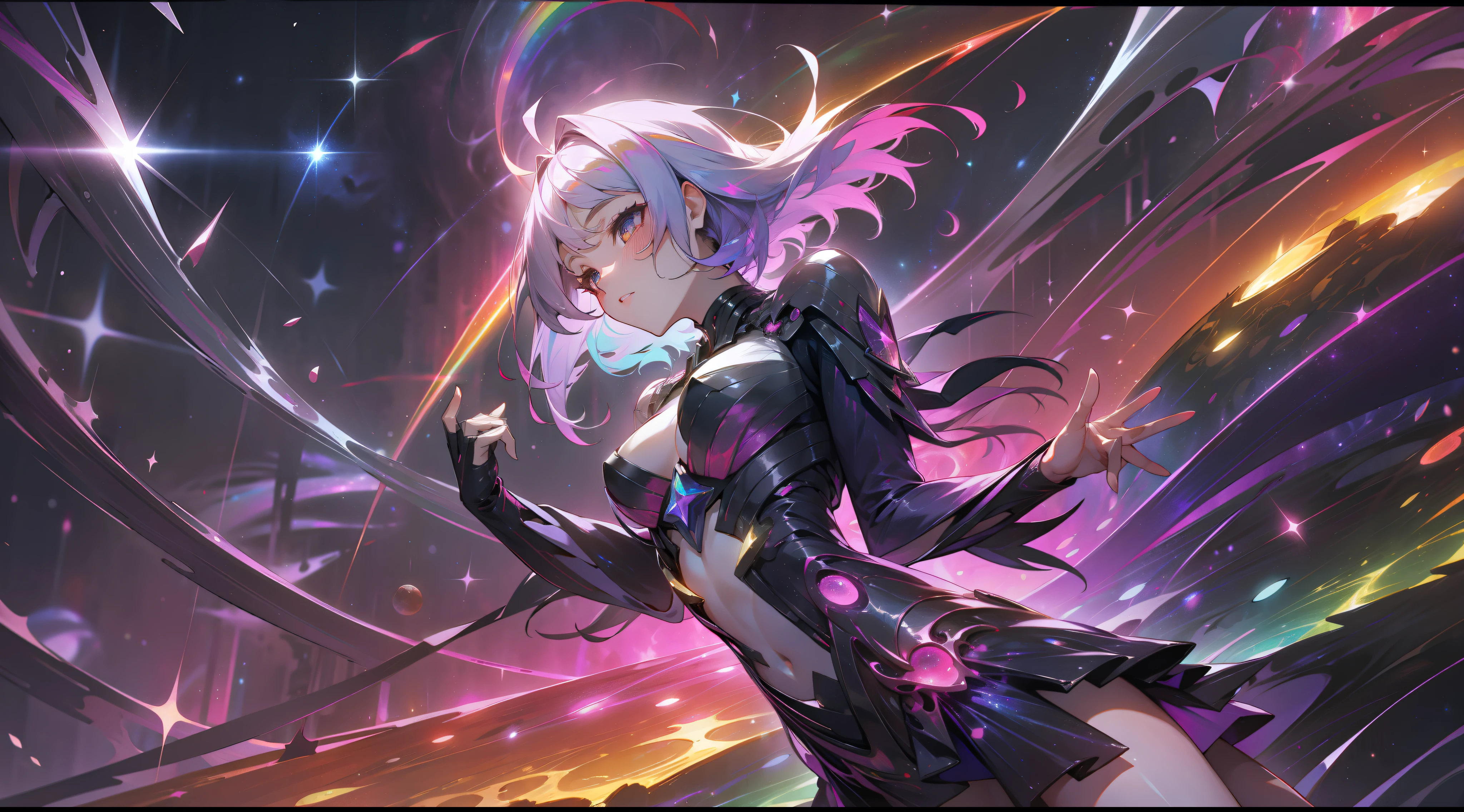 a rainbow colored sensual woman, short dress, fluttering hair, rainbow colored cosmic nebula background, stars, galaxies, cosmic horror