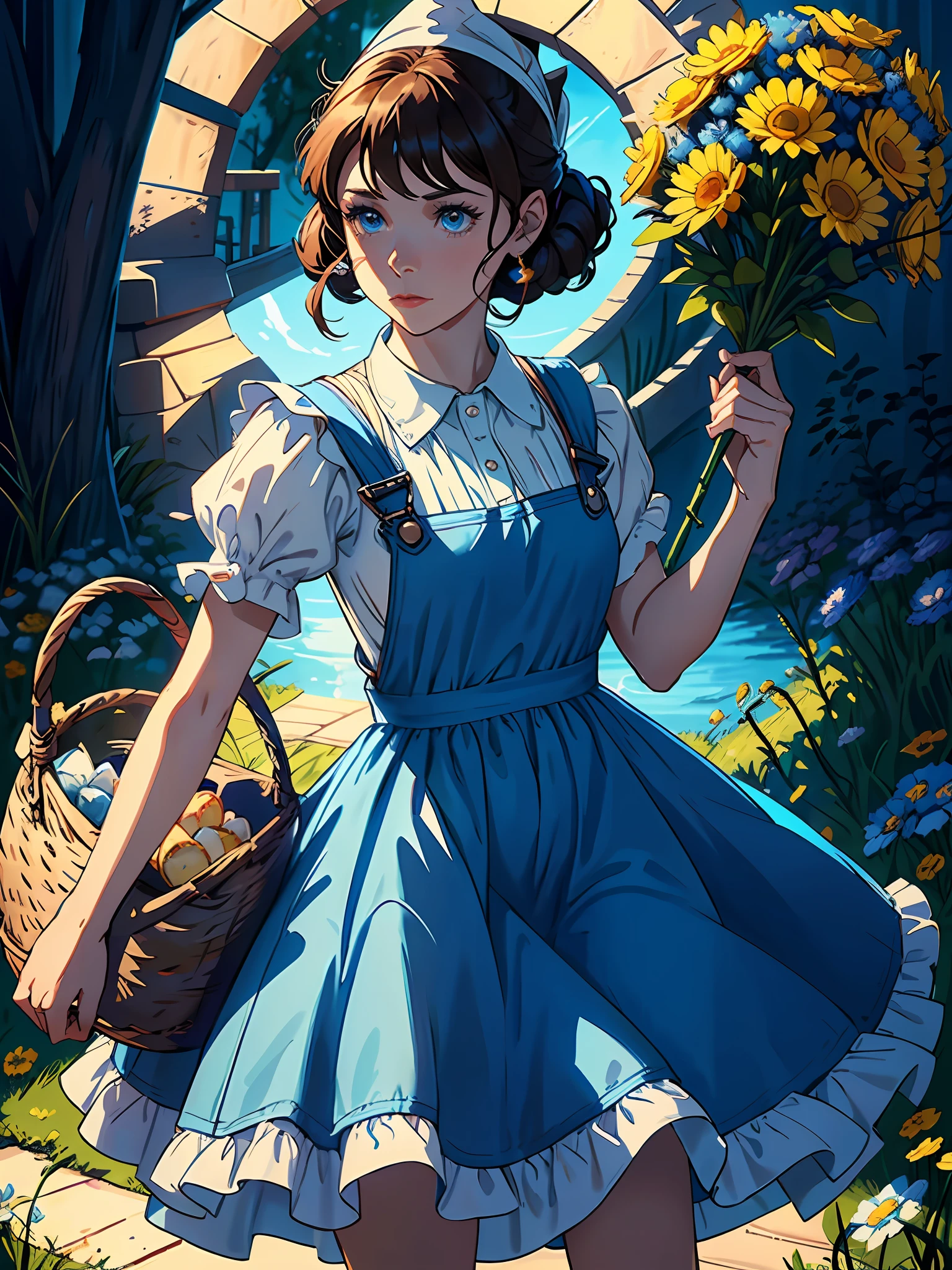 "An ultra-high quality mobile wallpaper featuring Dorothy Gale, the protagonist of The Wizard of Oz, holding a basket and wearing a blue and white dress, with the addition of overalls and a spear for a unique twist. For added visual interest, incorporate elements of Anna Kendrick's likeness throughout the piece."