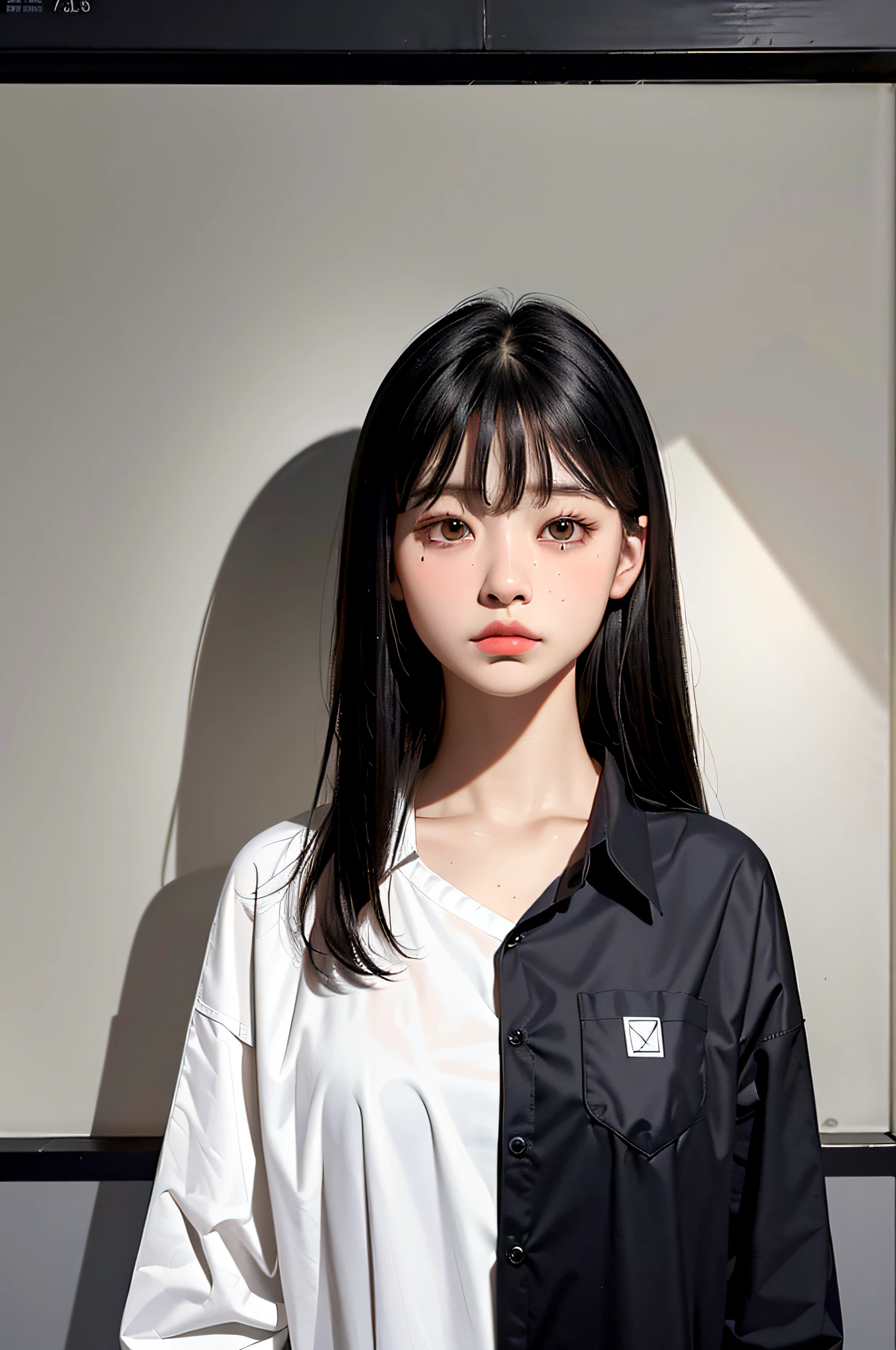 Masterpiece, best quality, (dark photo: 1.3), realistic, 1girl, flat bangs, stunning innocent symmetrical face, shirt, emotional, ulzzang, (PureErosFace_V1: 0.7)