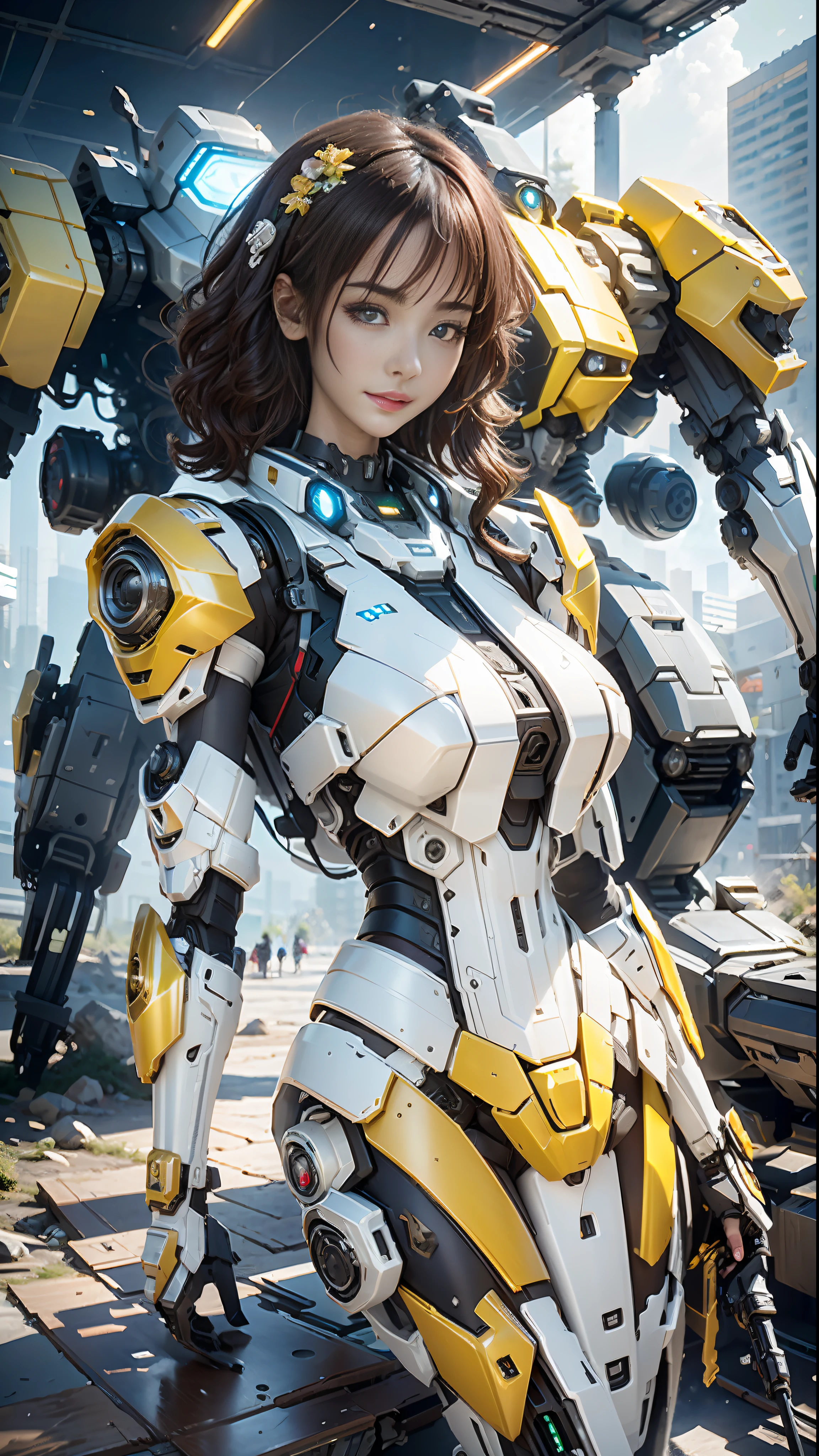 ((Best Quality)), ((Masterpiece)), (Very Detailed:1.3), 3D, Shitu-mecha, Beautiful cyberpunk woman with her mech in the ruins of a city in the forgotten war, ancient technology, HDR (High Dynamic Range), ray tracing, NVIDIA RTX, Super Resolution, Unreal 5, Subsurface scattering, PBR texture, Post processing, Anisotropic filtering, Depth of field, Maximum sharpness and sharpness, Multilayer texture, Albedo and highlight maps, Surface shading, Accurate simulation of light-material interactions, perfect ratios, octane rendering, duotone lighting, low ISO, white balance, rule of thirds, wide aperture, 8K RAW, high efficiency sub-pixels, subpixel convolution, luminous particles, light scattering, Tyndall effect, award-winning photos, bokeh, high quality high detail, movie CG, 4K HD wallpaper, beautiful girl, full body portrait, cute girl face shape, pure, amazing beauty, sexy, hot, dynamic pose, delicate face, vibrant eyes