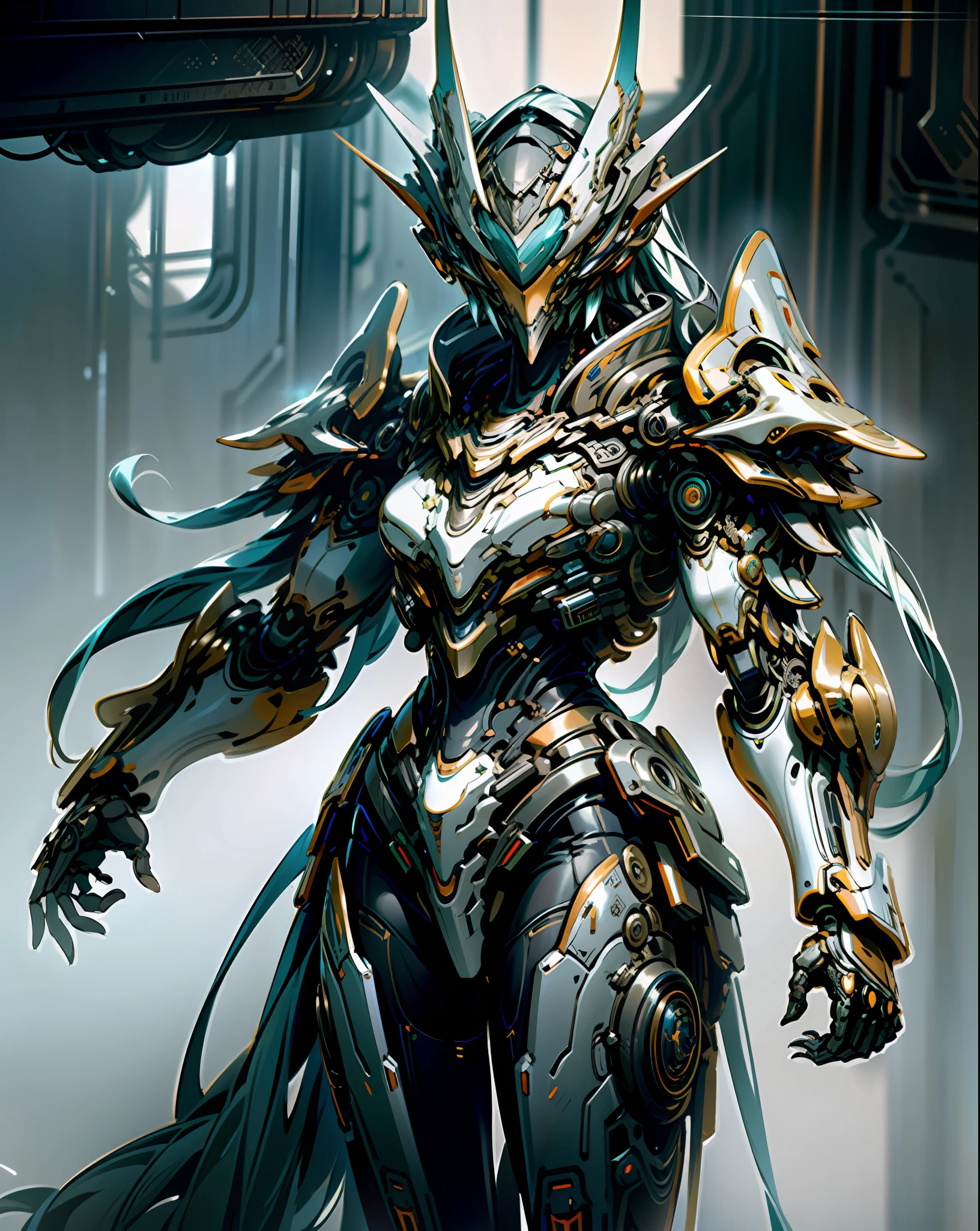 Masterpiece, Best quality, High quality, (Futuristic:1.1), (Cyberpunk costumes), Cinematic lighting, (Exquisite futuristic), Beautiful and beautiful, Ultra detailed, Great composition, floating, depth of field, (Very detailed CG, Unity 8k wallpaper), (Beautiful detail background), Beautiful hair details, dramatic lighting, GOGETTA, mecha, hands raised above your head