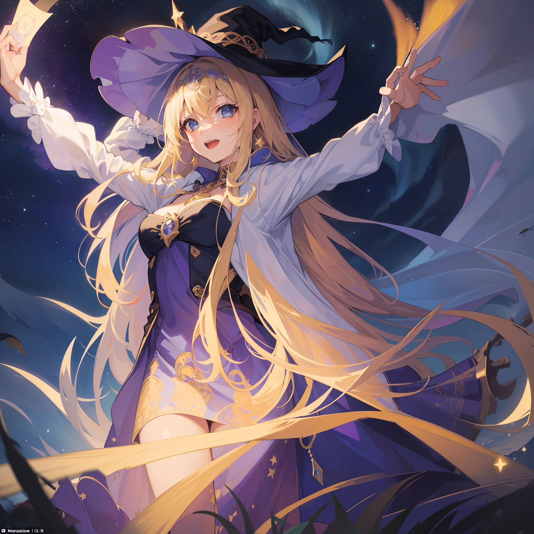 ((masterpiece:1.2, best quality)), 1girl, solo, (witch hat), blonde, long hair, skirt, aurora, night, stars (sky), gloves, sky, white skirt, night sky, open mouth, starry sky, blue eyes, ribbon, long hair, red dress, smile, headband, cape, blue hair, (bird), magic, spell casting, dark clouds, night, (impressionist: 1.4), (tarot: 1.3), Alphonse Mucha