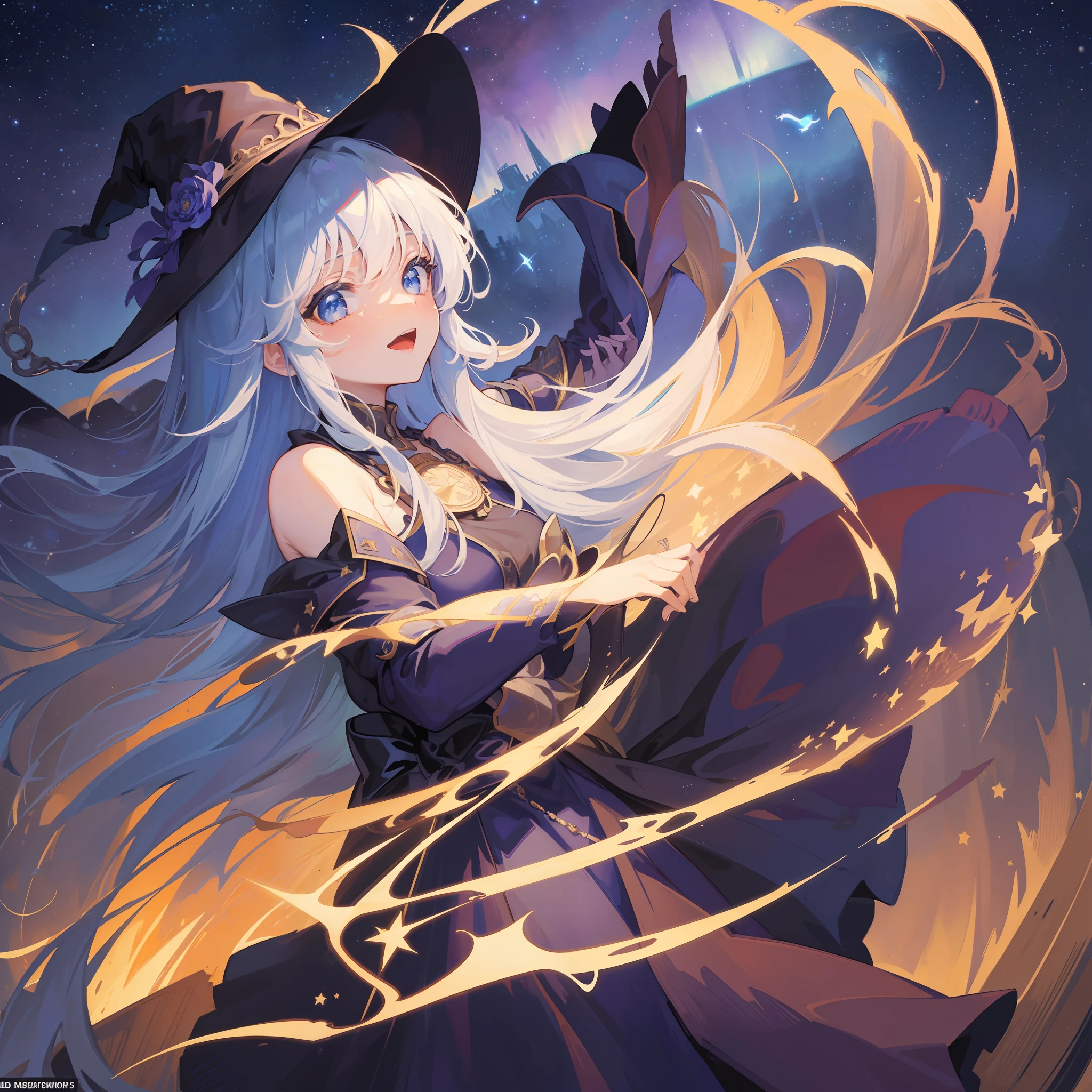 ((masterpiece:1.2, best quality)), 1girl, solo, (witch hat), blonde, long hair, skirt, aurora, night, stars (sky), gloves, sky, white skirt, night sky, open mouth, starry sky, blue eyes, ribbon, long hair, red dress, smile, headband, cape, blue hair, (bird), magic, spell casting, dark clouds, night, (impressionist: 1.4), (tarot: 1.3), Alphonse Mucha