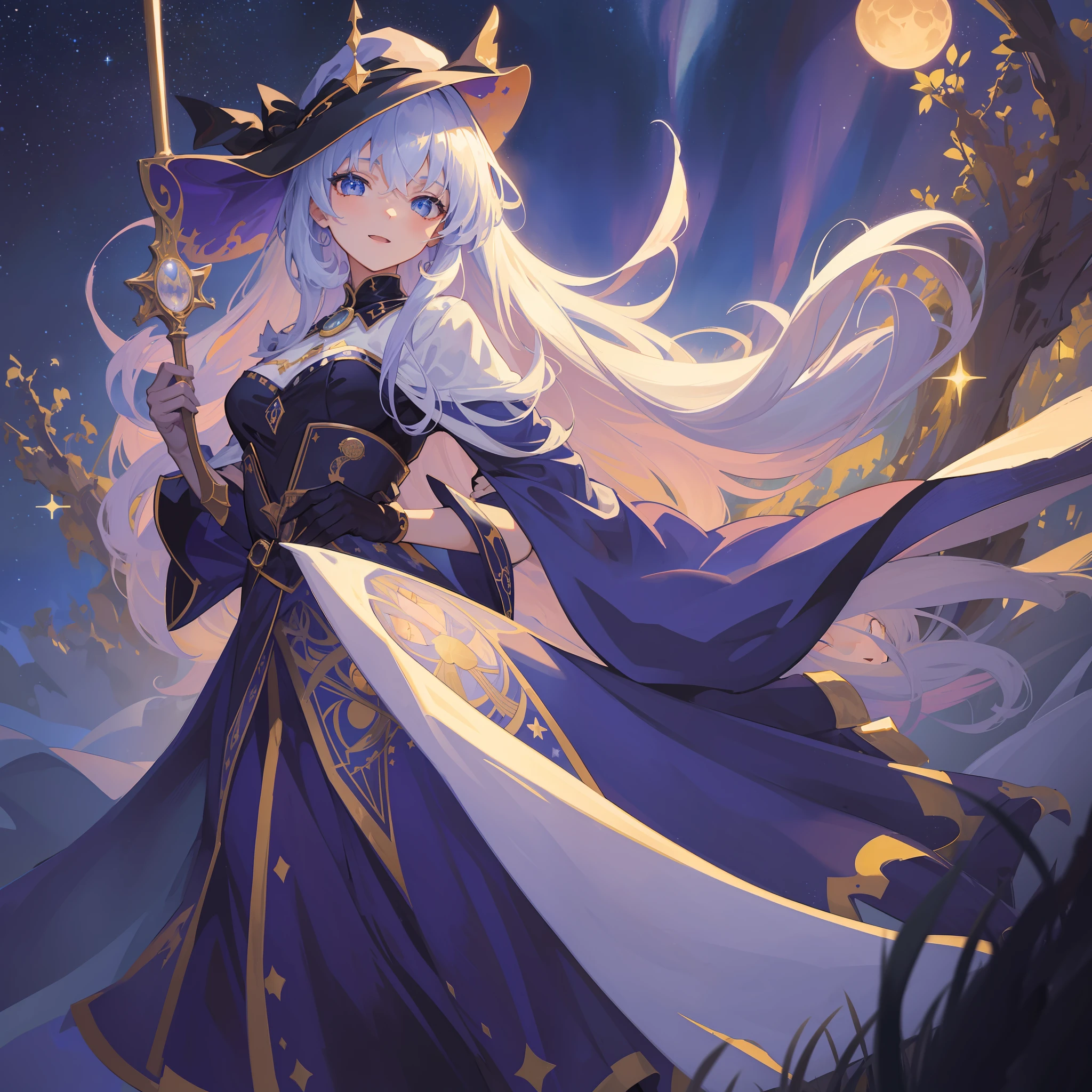 ((masterpiece:1.2, best quality)), 1girl, solo, (witch hat), blonde, long hair, skirt, aurora, night, stars (sky), gloves, sky, white skirt, night sky, open mouth, starry sky, blue eyes, ribbon, long hair, red dress, smile, headband, cape, blue hair, (bird), magic, spell casting, dark clouds, night, (impressionist: 1.4), (tarot: 1.3), Alphonse Mucha