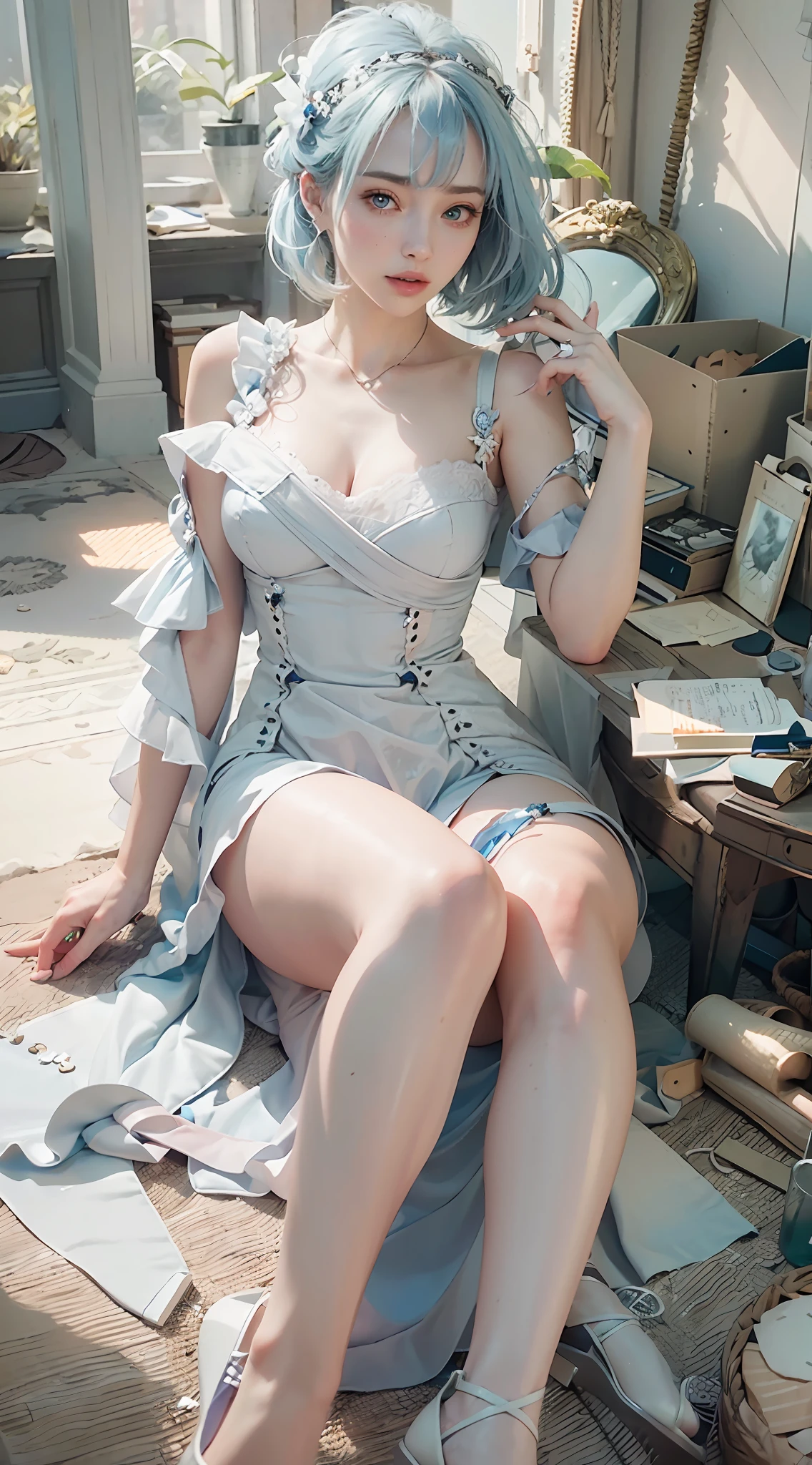((Best Quality)), ((Masterpiece)), (Details: 1.4), 3D, A Beautiful Beauty, (Long Light Blue Hair, Ribbon: 1.9), (Plain White Long Dress: 1.7), (Crystal High Heels: 1.6) (Green Eyes: 1.5), HDR (High Dynamic Range), Ray Tracing, NVIDIA RTX, Super-Resolution, Unreal 5, Subsurface Scattering, PBR Textures, Post-processing, Anisotropic filtering, depth of field, maximum sharpness and sharpness, multi-layer textures, albedo and specular mapping, surface shading, accurate simulation of light-material interactions, perfect proportions, Octane Render, bicolor light, large aperture, low ISO, white balance, rule of thirds, 8K RAW,