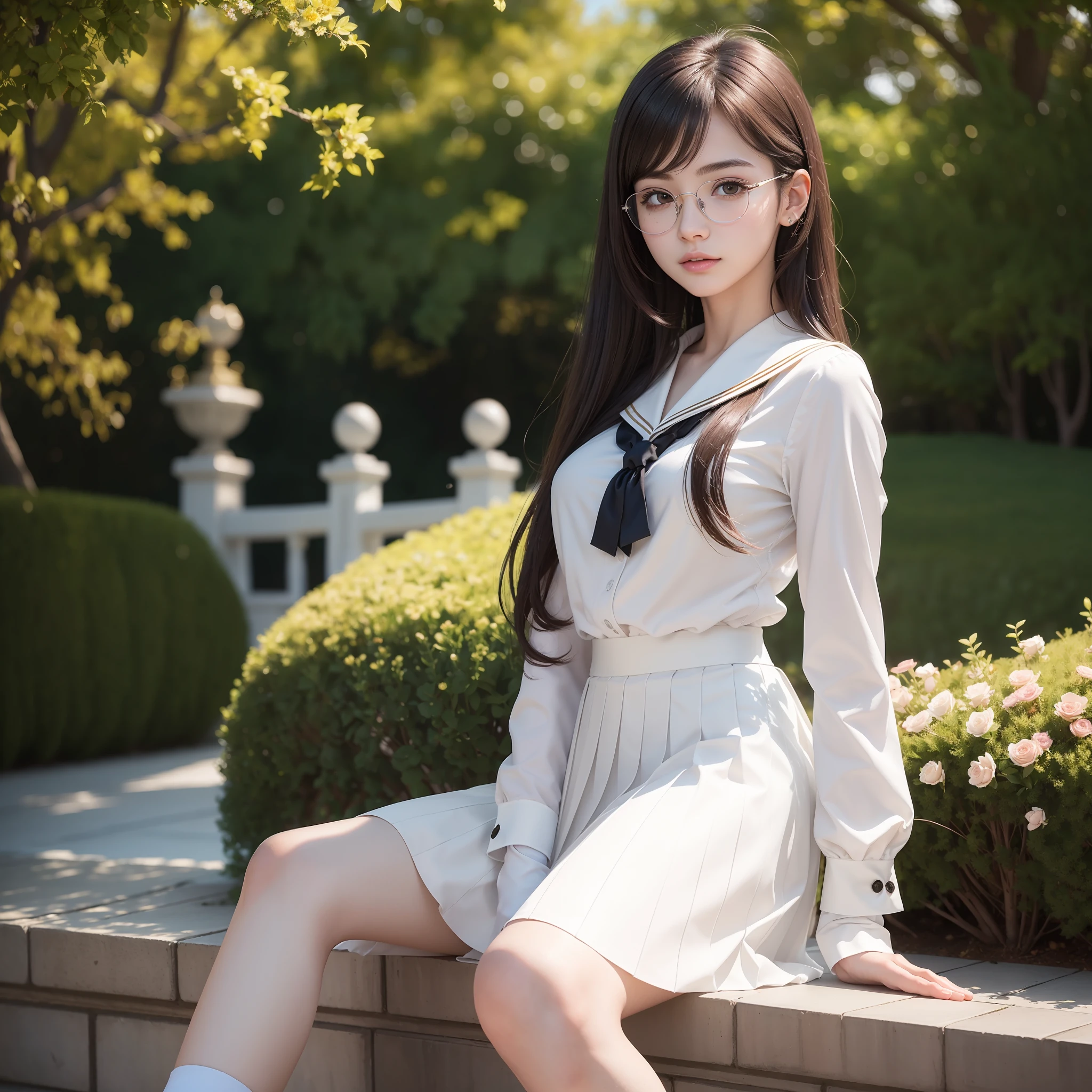 (Highly detailed CG unity 8k wallpaper), (masterpiece), (best quality), (super detailed), (best illustration), (best shadow), (photorealistic: 1.5), (PureErosFace_V1:0.5), glasses, real human skin, lens flare, shade, backlit, flowers, depth of field, natural light, hard focus, film grain, staring at the viewer, one girl, 21 years old, solo, skinny, pale skin, soft lips, (light eyebrows: 1.4), shiny brown eyes, black very long straight hair, small breasts, beautiful detailed sky, detailed west garden (crowd: 1.2), sunshine, (blushed), beautiful detailed eyes, white Japan uniform, sailor suit, dark red pleated skirt, sneakers