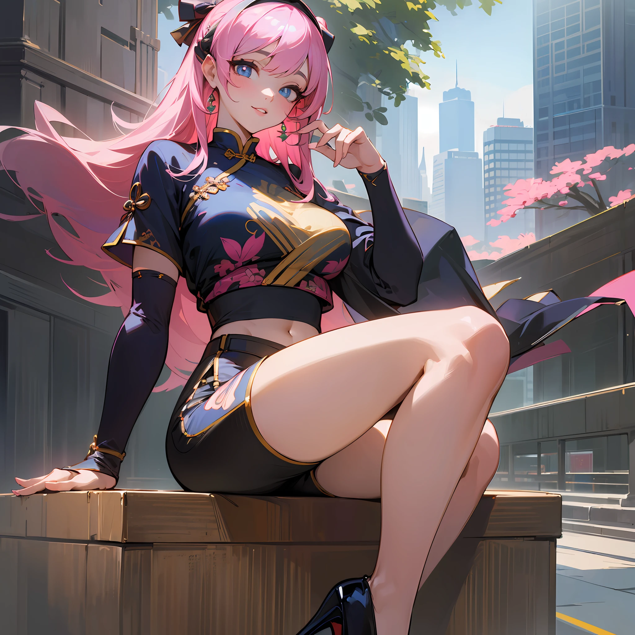 "(((masterpiece))),(((best quality))),highres,ultra high res,real,photorealistic,1 girl,evening,side light,looking at viewer,outdoor,upper body,headband,smile,chinese clothes style,tshirt,shorts,city,normal body shape,oval face,bangs,long hair,details eyes,details lips,medium breasts,medium waist,slim thighs,high heels,Medium,Cinematography,Best masterpiece,HD,wallpaper,8k,detailed features,very beautiful,pink hair,big eyes,detailed eyes" --auto --s2