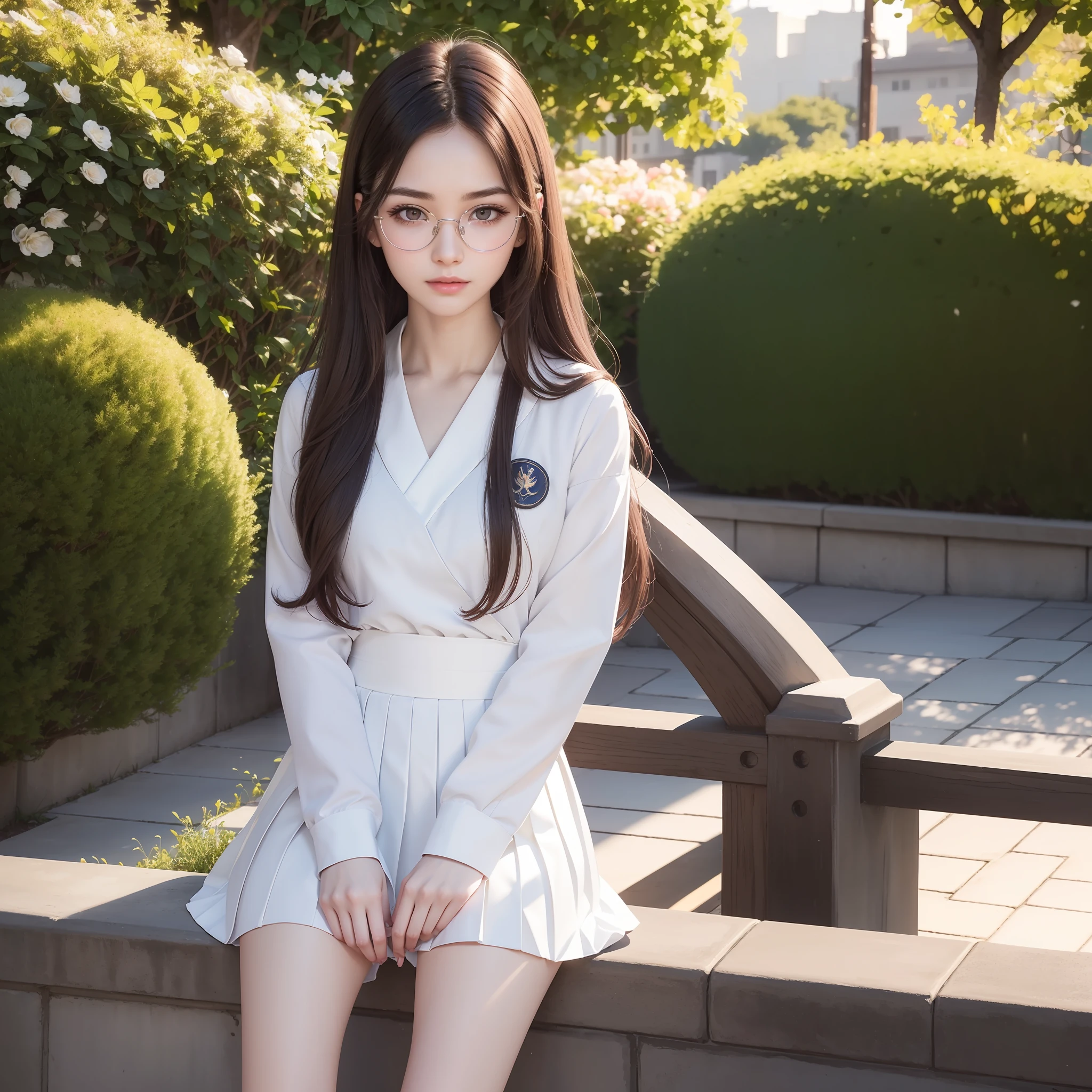 (Highly detailed CG unity 8k wallpaper), (masterpiece), (best quality), (super detailed), (best illustration), (best shadow), (photorealistic: 1.5), (PureErosFace_V1:0.5), glasses, real human skin, lens flare, shade, backlit, flowers, depth of field, natural light, hard focus, film grain, staring at the viewer, one girl, 21 years old, solo, skinny, pale skin, soft lips, (light eyebrows: 1.4), shiny brown eyes, black very long straight hair, small breasts, beautiful detailed sky, detailed west garden (crowd: 1.2), sunshine, (blushed), beautiful detailed eyes, white Japan uniform, sailor suit, dark red pleated skirt, sneakers