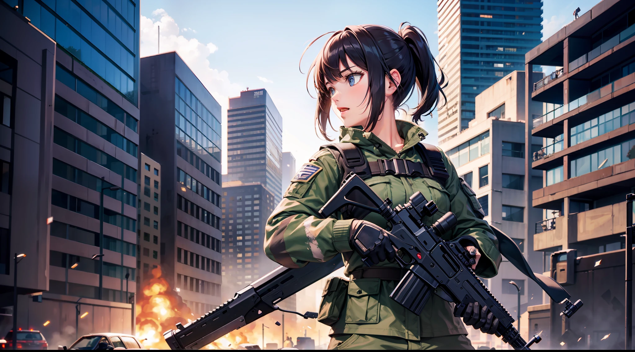 PMC, battle girl, shooting girl, CQC, CQB, high quality, destroyed city