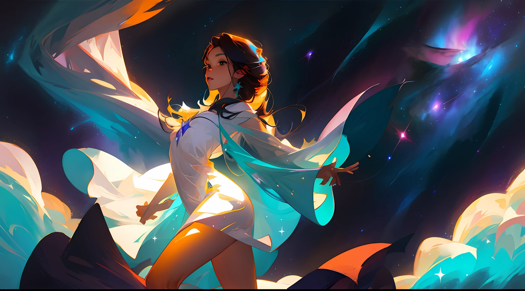 nsfw, a sensual woman, nude legs, fluttering long hair, colored sensual short dress, cosmic nebulas and stars background, night, darkness, sexy