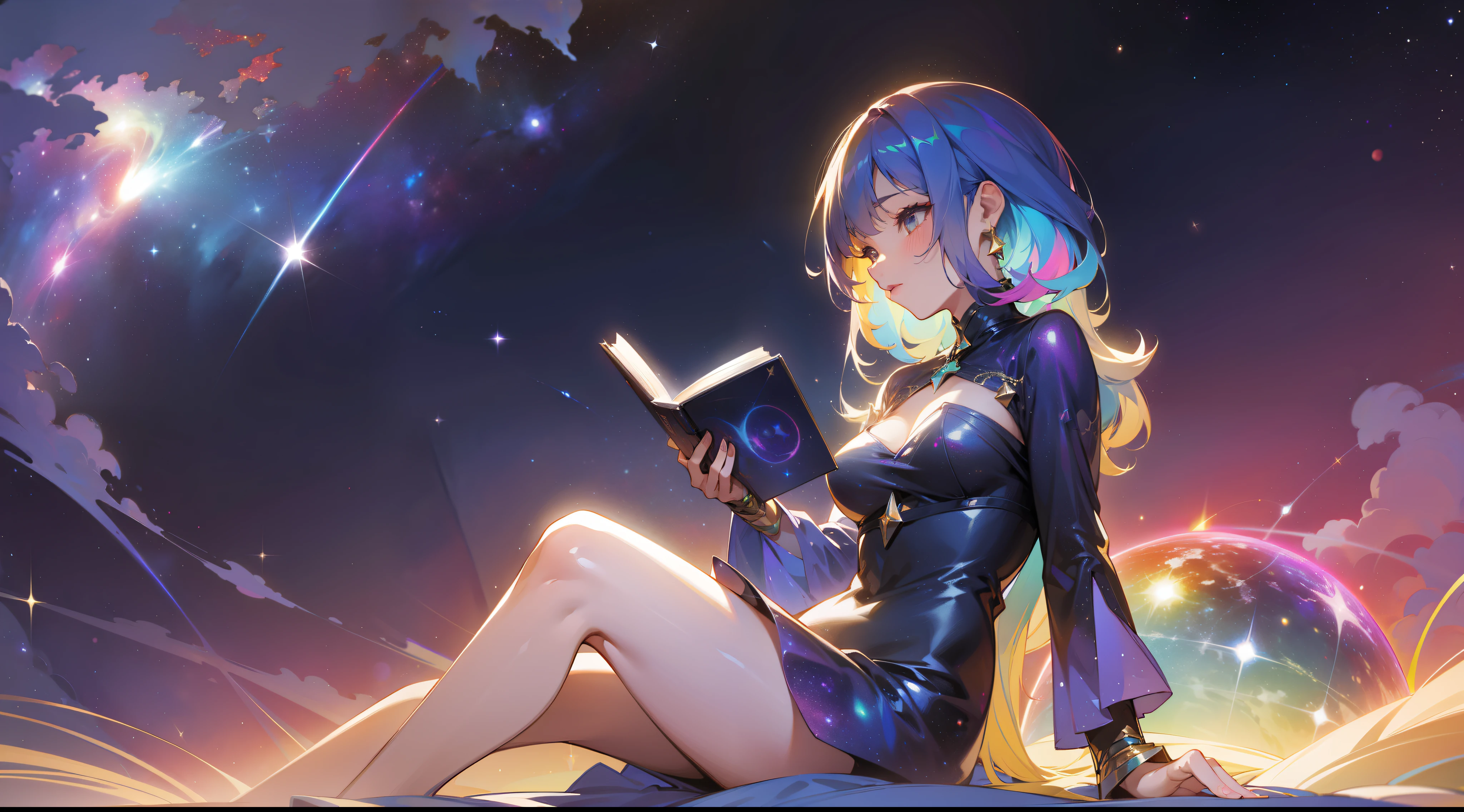 a sensual woman sitting in the stars and reading a colored shining book, rainbow colored cosmic nebula sky background, stars, galaxies, sexy short dress, fluttering hair