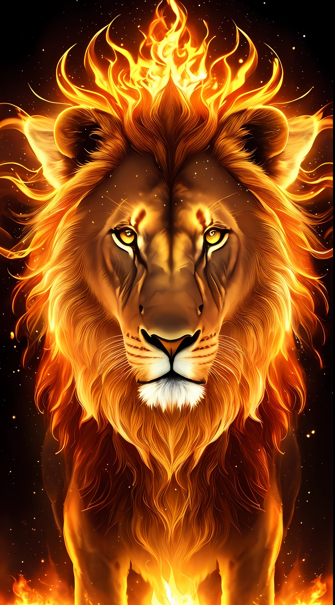 An royale King Lion full boby, background galaxy, magic 3D, full resolution style RTX with flaming eyes sitting on a throne, captured through Photography with a 35mm lens. Inspired by the artistry of National Geographic photographers, the scene portrays the majestic lion, regal and powerful. The color temperature is warm, with golden hues highlighting the lion's magnificence. The lion's eyes burn with intense flames, emanating a sense of authority and dominance. The lighting casts dramatic shadows, creating a captivating atmosphere, symmetrical, full boby, big angle, rtx, bobybuilder