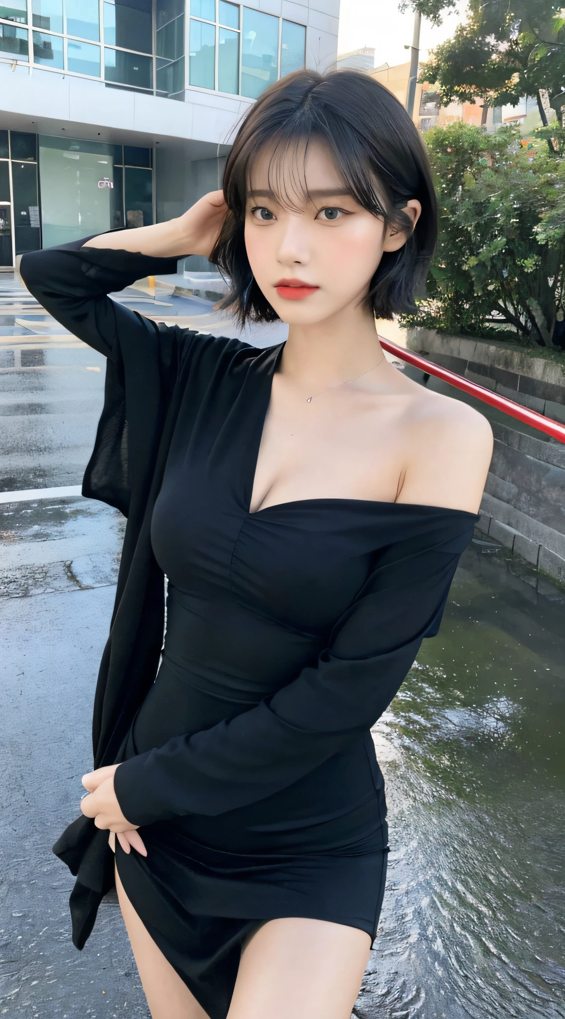 Arapei asian woman posing for photo in black dress, beautiful asian girl, xisen wu, asian girl, korean girl, girl cute thin face, chen xintong, gorgeous korean young woman, beautiful korean woman, short hair, chinese girl, gorgeous chinese model, yoshitomo nara, sakimichan, ((best quality, 8k, masterpiece: 1.3)), focus: 1.2, perfect body beauty: 1.4, buttocks: 1.2, ((layered haircut, beautiful breasts: 1.2)), ( Wet clothes:1.1) , (Rain, Street:1.3), bandeau dress:1.1, Highly detailed face and skin texture, Delicate eyes, Double eyelids, whitened skin, long hair, (Shut up: 1.3)