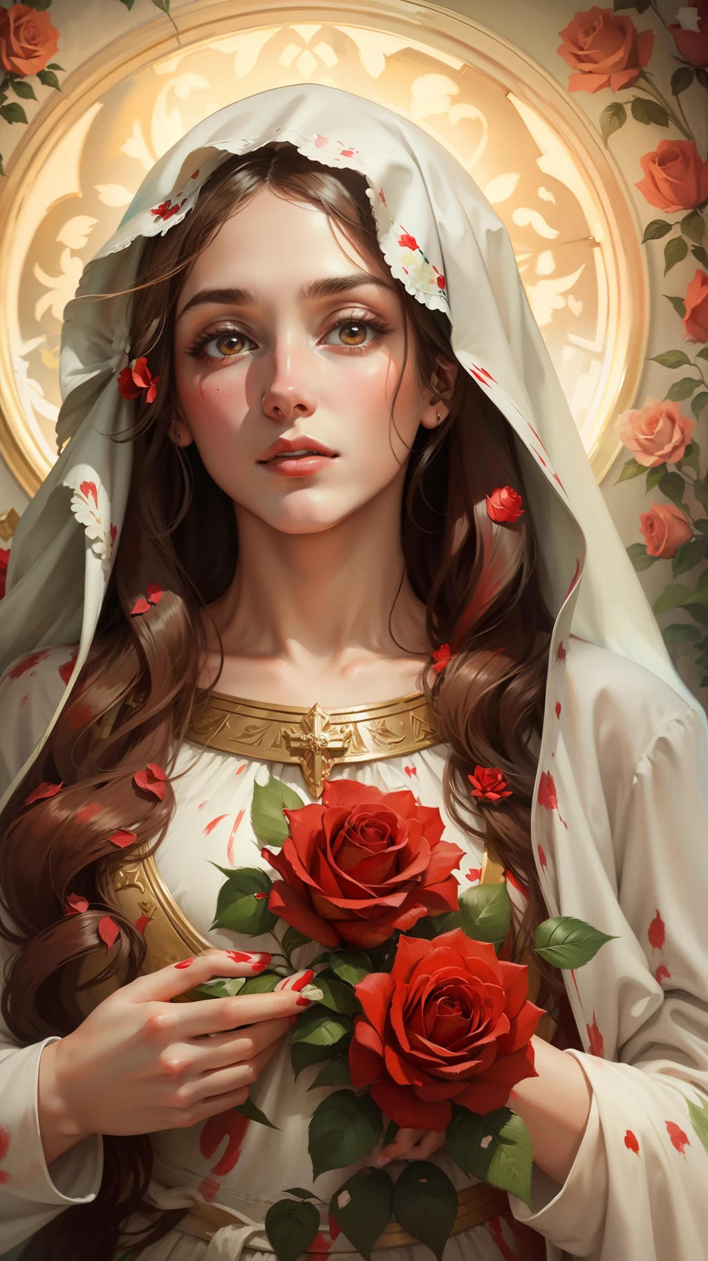 Mother of Jesus Christ, beautiful with red roses in her hand ((painting pressed)) ((((whole body))))