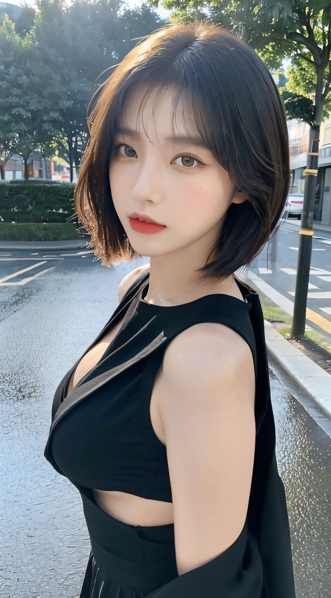 Arapei asian woman posing for photo in black dress, beautiful asian girl, xisen wu, asian girl, korean girl, girl cute thin face, chen xintong, gorgeous korean young woman, beautiful korean woman, short hair, chinese girl, gorgeous chinese model, yoshitomo nara, sakimichan, ((best quality, 8k, masterpiece: 1.3)), focus: 1.2, perfect body beauty: 1.4, buttocks: 1.2, ((layered haircut, beautiful breasts: 1.2)), ( Wet clothes:1.1) , (Rain, Street:1.3), bandeau dress:1.1, Highly detailed face and skin texture, Delicate eyes, Double eyelids, whitened skin, long hair, (Shut up: 1.3)