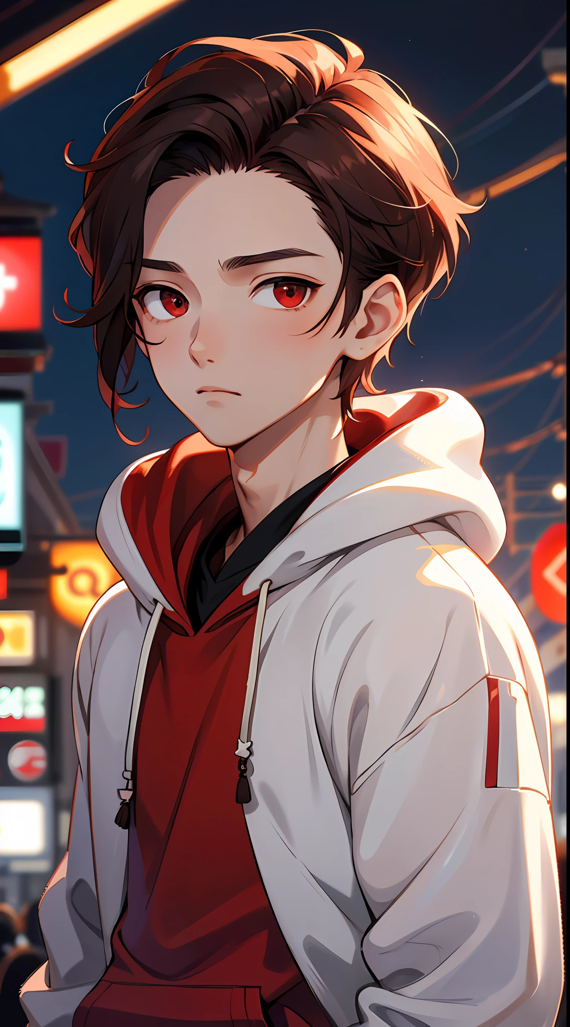 1 boy, handsome boy, brunette hair, comma hair, comma forehead hair, korean hair, street style, hoodie, bright, red eyes, looking at system screen, upper body, white tone, ethereal atmosphere, soft light