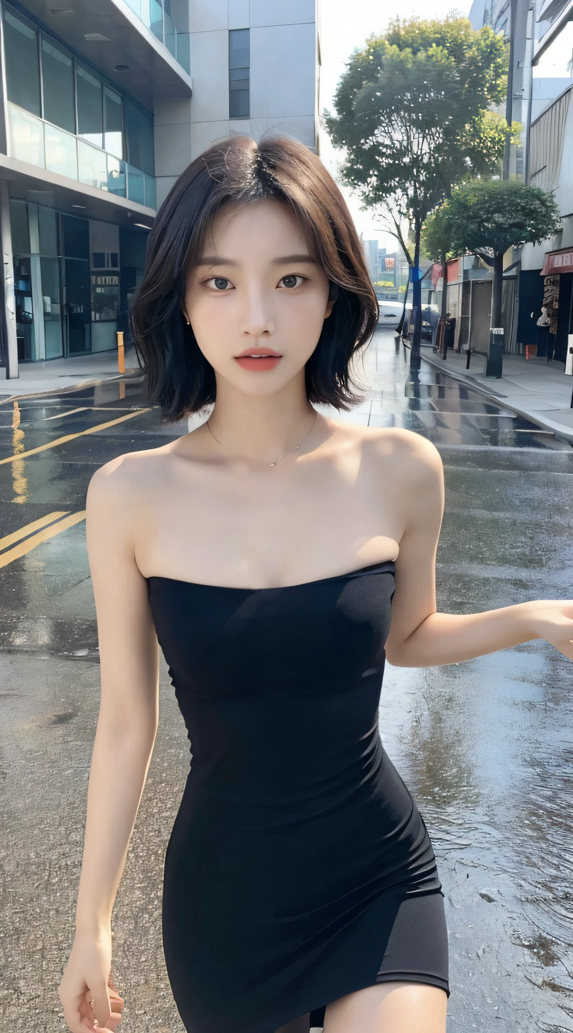 Arapei asian woman posing for photo in black dress, beautiful asian girl, xisen wu, asian girl, korean girl, girl cute thin face, chen xintong, gorgeous korean young woman, beautiful korean woman, short hair, chinese girl, gorgeous chinese model, yoshitomo nara, sakimichan, ((best quality, 8k, masterpiece: 1.3)), focus: 1.2, perfect body beauty: 1.4, buttocks: 1.2, ((layered haircut, beautiful breasts: 1.2)), ( Wet clothes:1.1) , (Rain, Street:1.3), bandeau dress:1.1, Highly detailed face and skin texture, Delicate eyes, Double eyelids, whitened skin, long hair, (Shut up: 1.3)