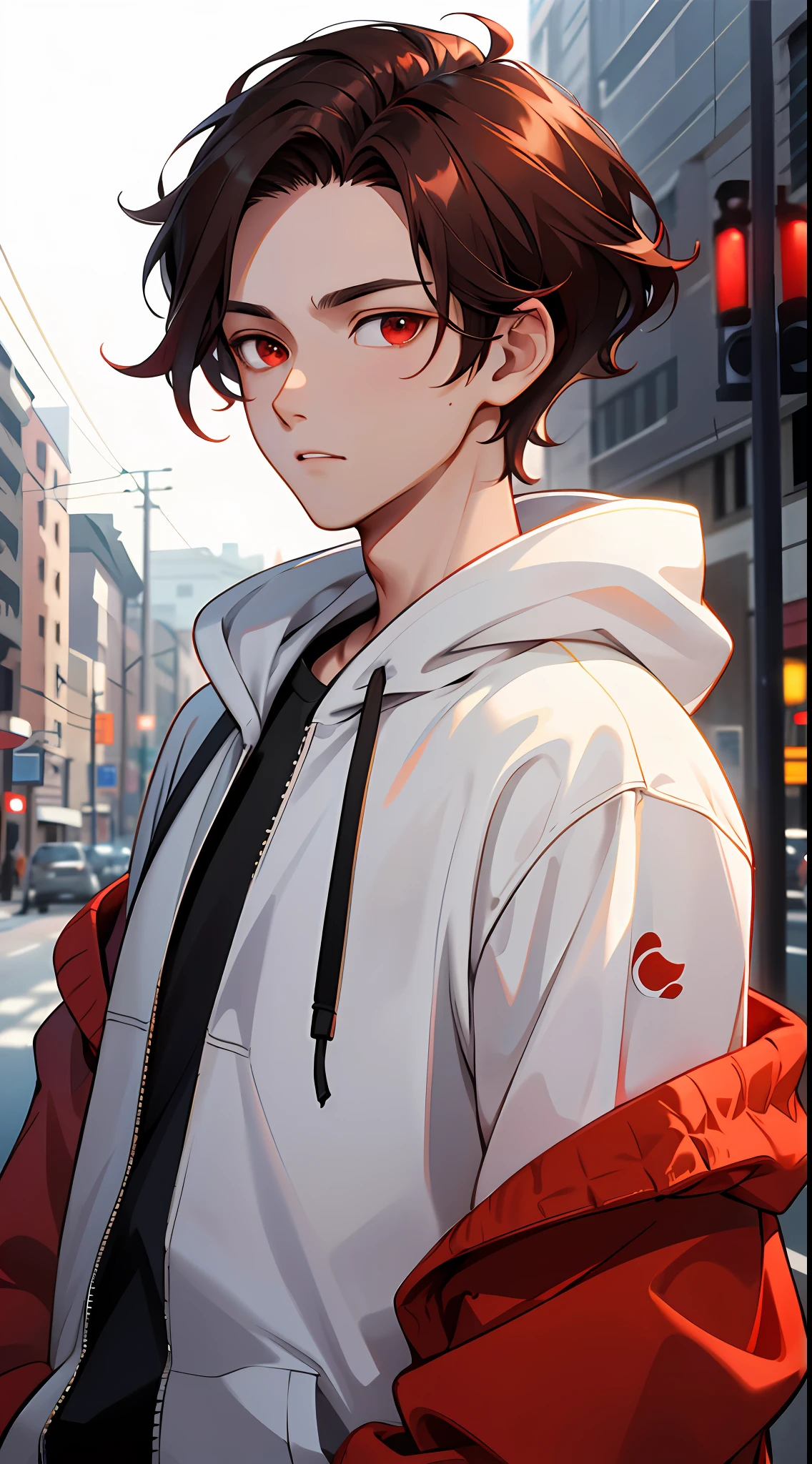 1 boy, handsome boy, brunette hair, comma hair, comma forehead hair, korean hair, street style, hoodie, bright, red eyes, looking at system screen, upper body, white tone, ethereal atmosphere, soft light