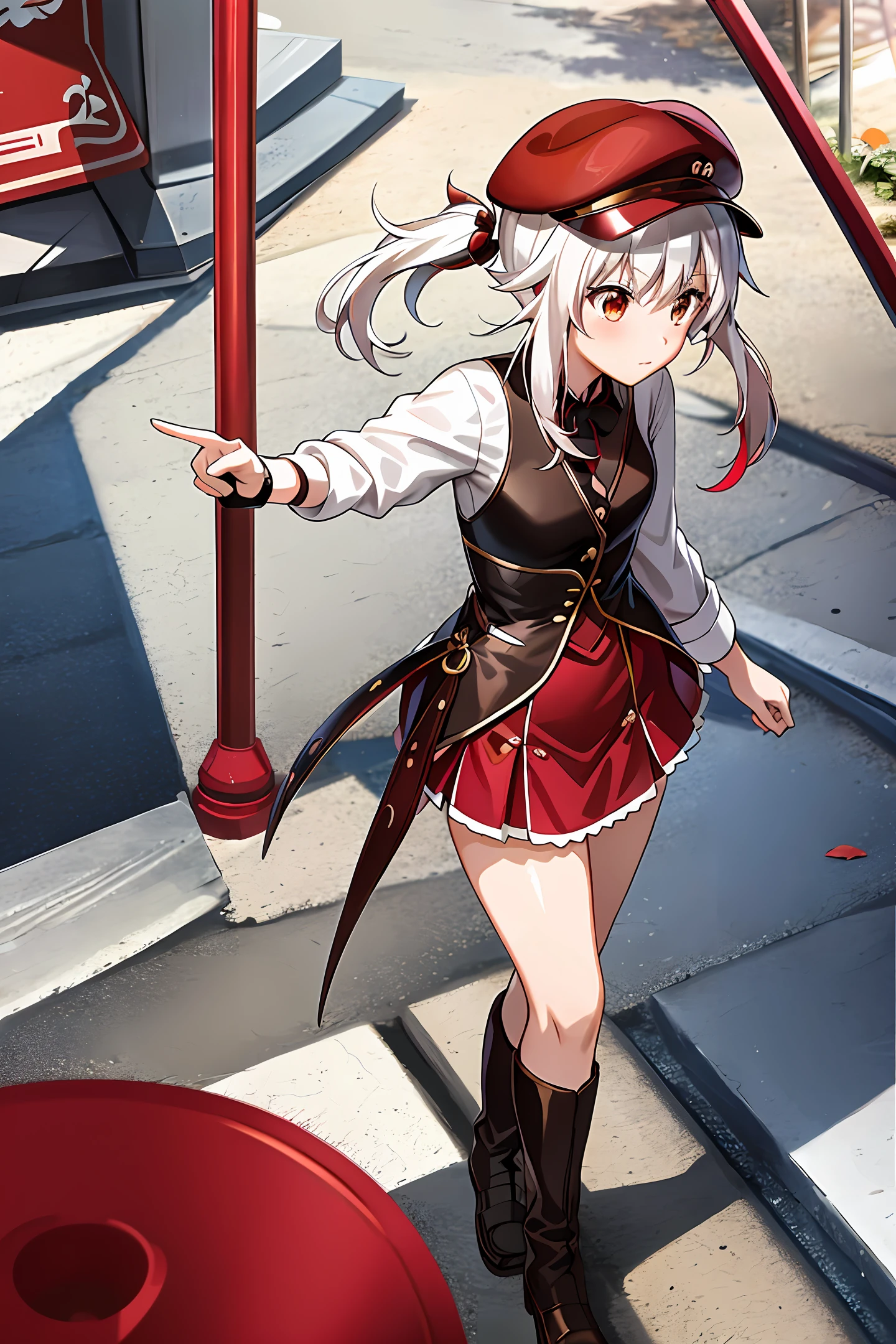 Genshin Kori, red berets, red little skirt, white hair, double ponytail, brown small school bag, brown gloves, brown Martin boots, Q version, Kori, Genshin, cute, game art style, game