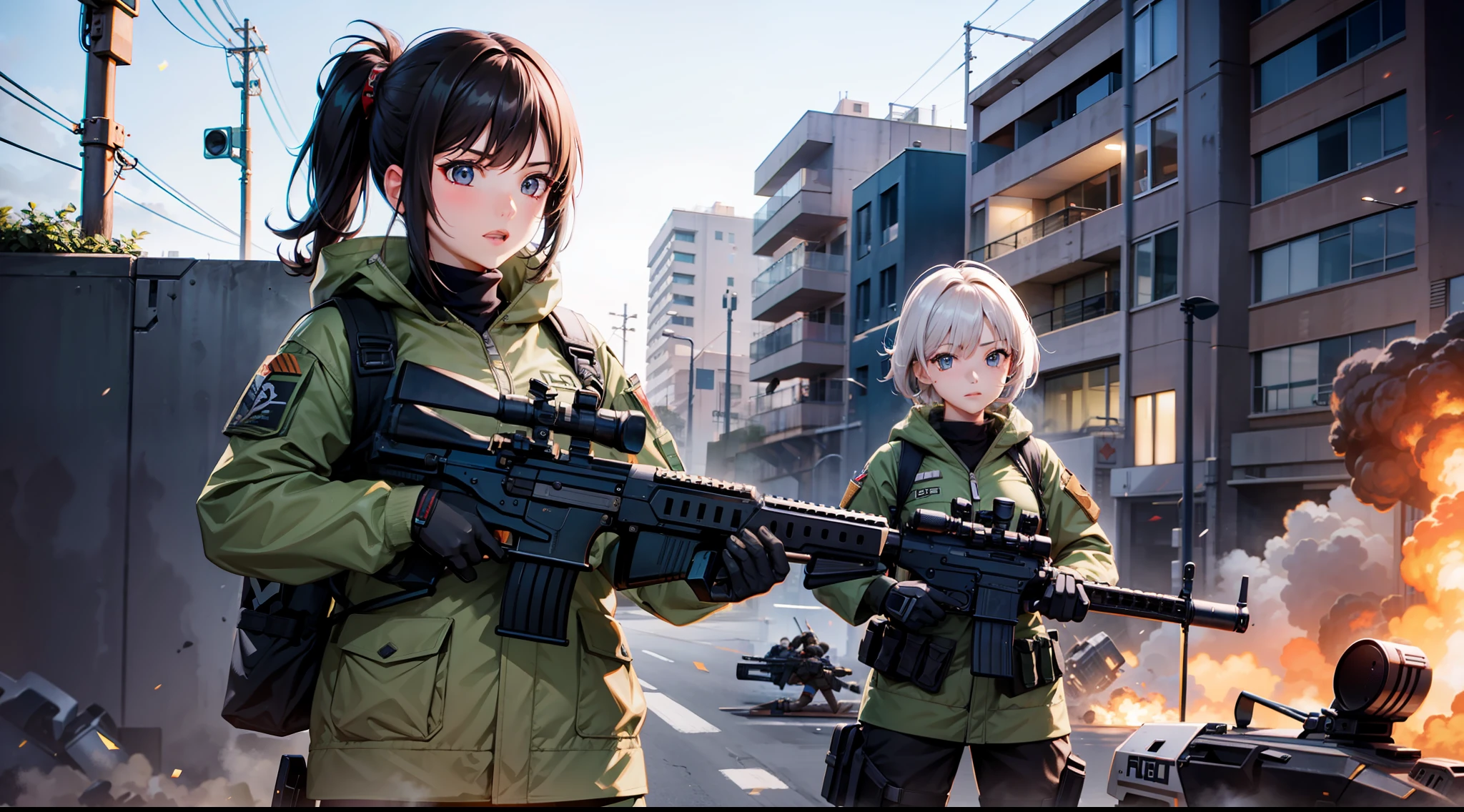 PMC, battle girls, shooting girls, CQC, CQB, high quality, destroy city