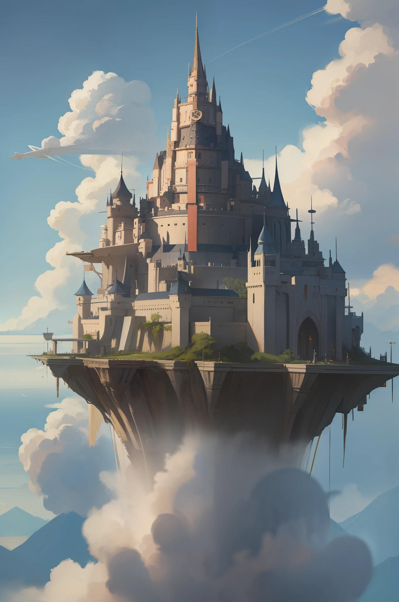 there is a tall tower that is in the sky above the clouds, flying cloud castle, floating city on clouds, floating city in the sky, cloud palace, a city in the clouds, city in the clouds, palace floating in the sky, sci-fi fantasy wallpaper, city in the sky, cosmic skies. by makoto shinkai, castle in the sky style --auto --s2