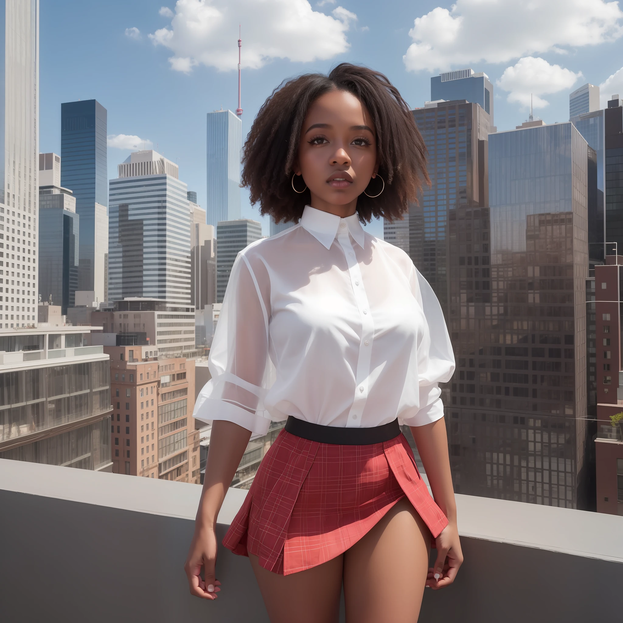 Black woman, transparent white shirt, red mini skirt, city background