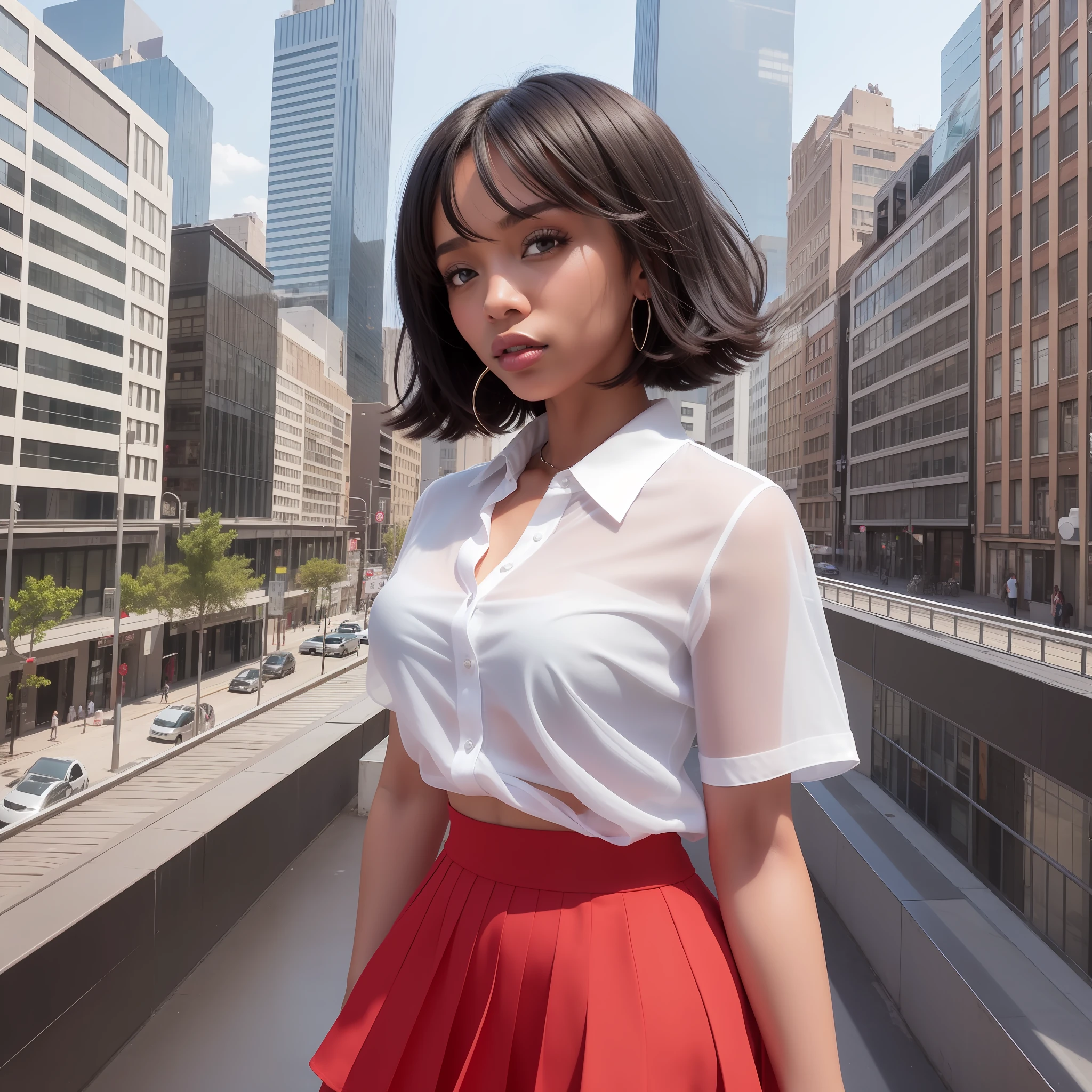 Black woman, transparent white shirt, red mini skirt, city background